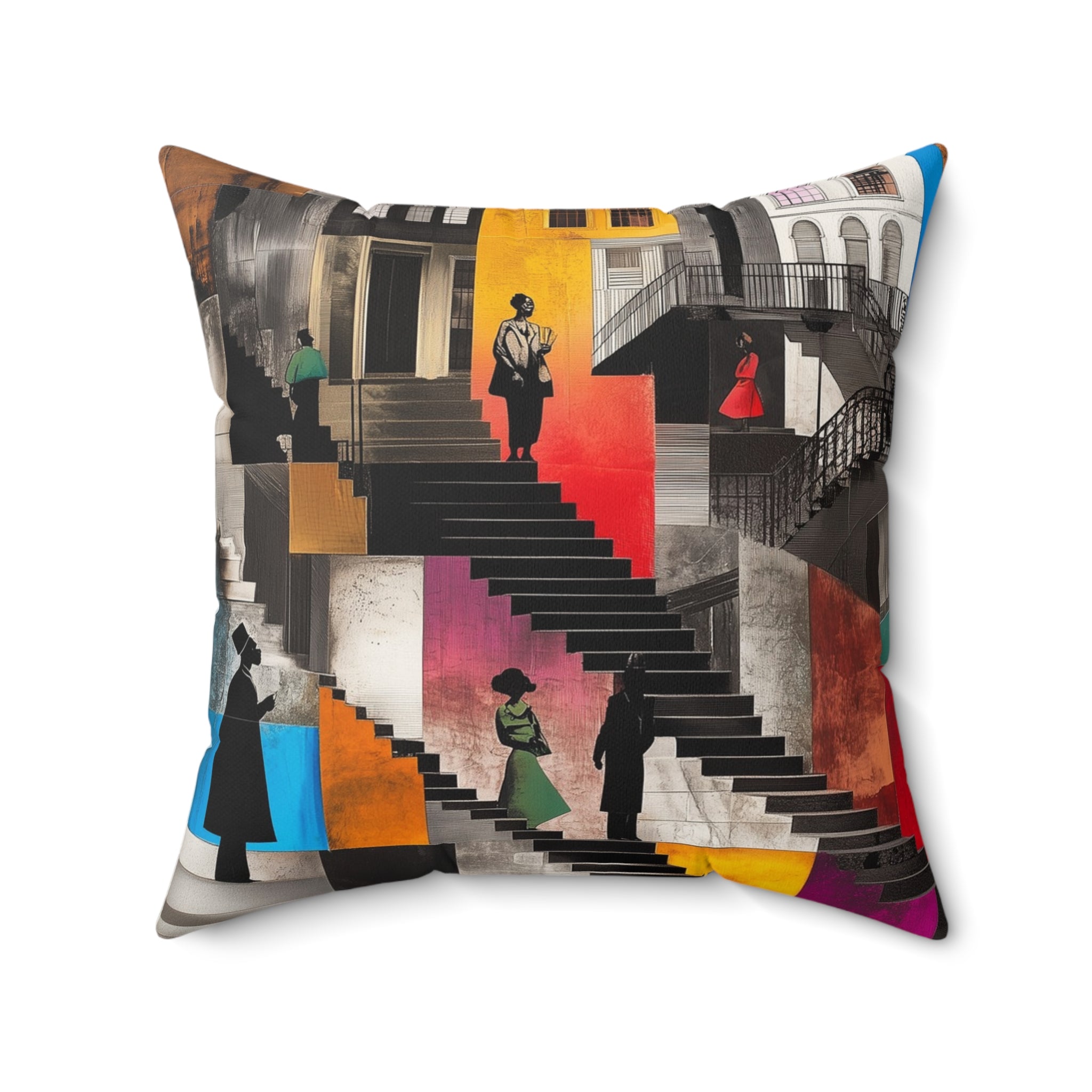Harlem Neighborhood Faux Suede Square Pillow featuring abstract Black figures sitting on exaggerated brownstone stoops, capturing Harlem life and Afrocentric home style.