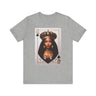 Black Queen of Spades Tee Shirt featuring an illustrated African American woman with an afro and gold crown, styled as the Queen of Spades playing card. Afrocentric vintage-inspired streetwear design in bold red, gold, and black colors.
