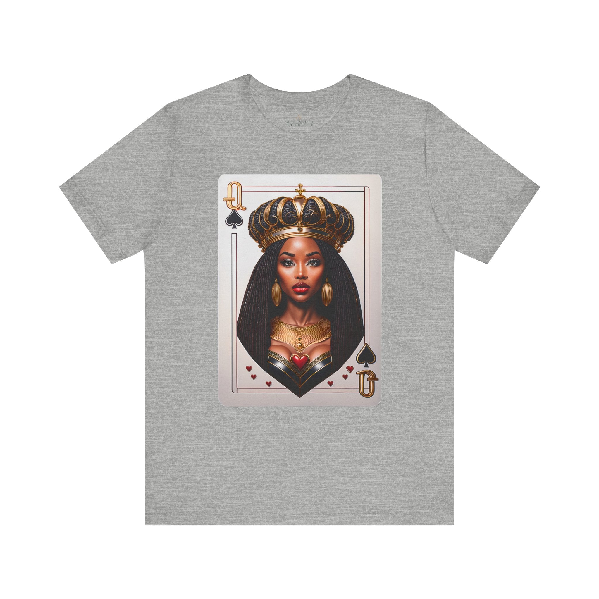 Black Queen of Spades Tee Shirt featuring an illustrated African American woman with an afro and gold crown, styled as the Queen of Spades playing card. Afrocentric vintage-inspired streetwear design in bold red, gold, and black colors.