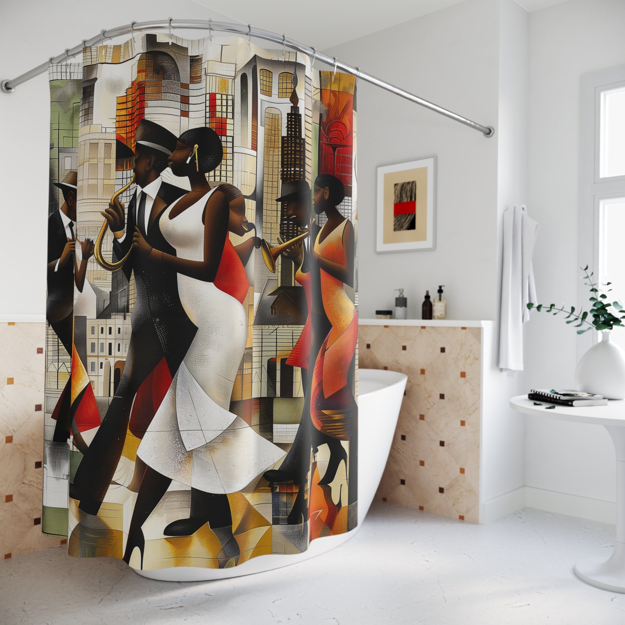 Harlem Renaissance Bathroom Shower Curtain featuring abstract jazz musicians in a Bauhaus-inspired Afrocentric design. A bold bohemian art piece perfect for adding cultural flair to your bathroom decor.