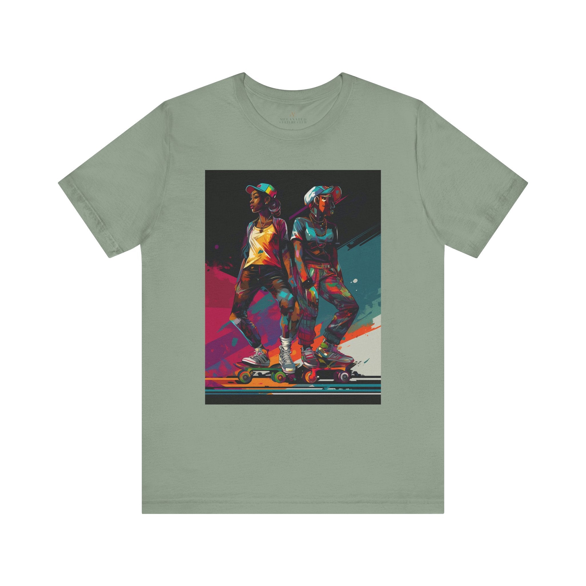 Black Girls Roller Skating Tee Afrocentric Skaters in sage.