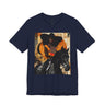 Afrocentric Black cowgirl t-shirt featuring a Black woman riding a stallion in an abstract collage art style, western-inspired graphic tee with cultural and modern aesthetic.