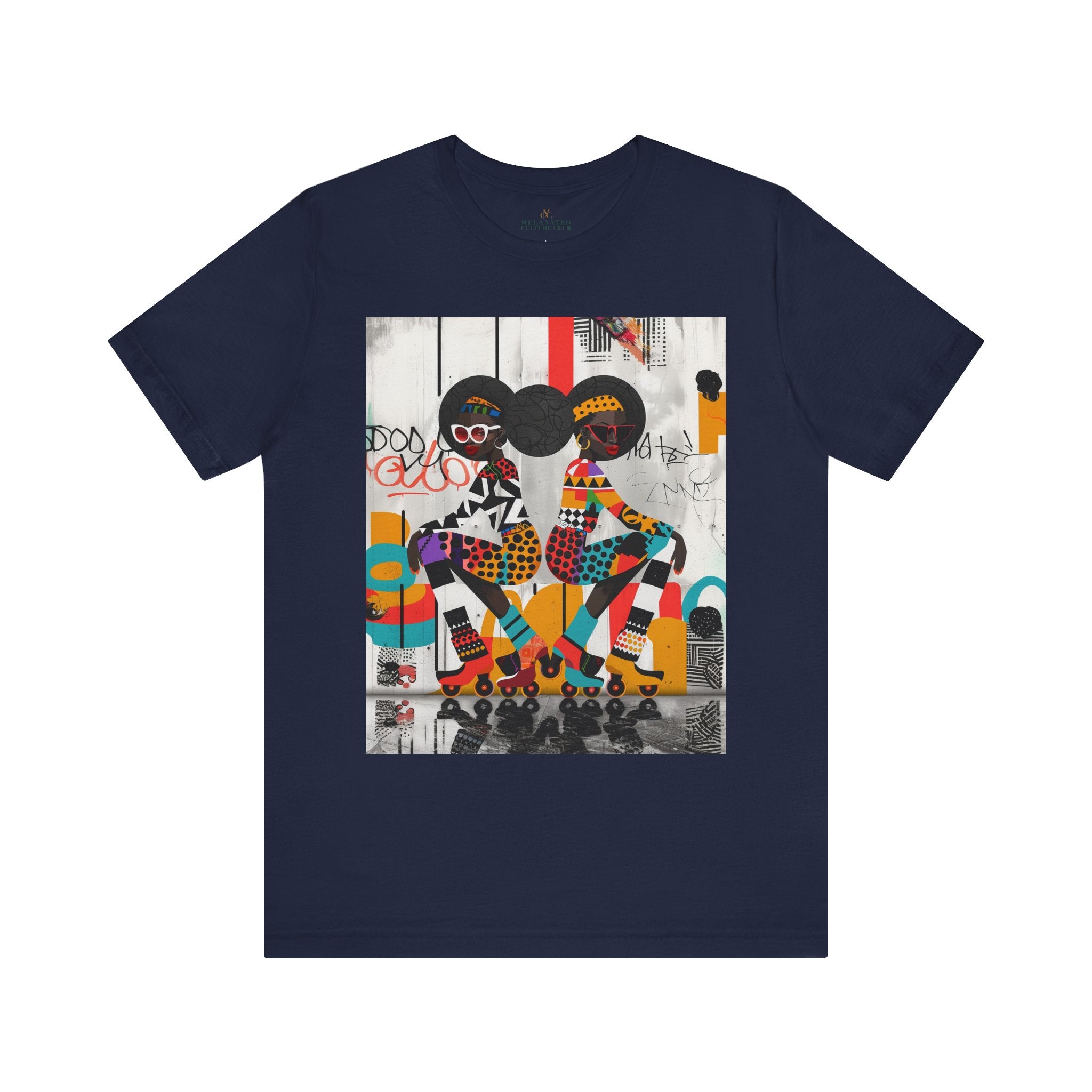 Black Girl Roller Skaters Tee Shirt featuring abstract graffiti pop art of African American women roller skating in bold, bright colors; Afrocentric fly girls streetwear.