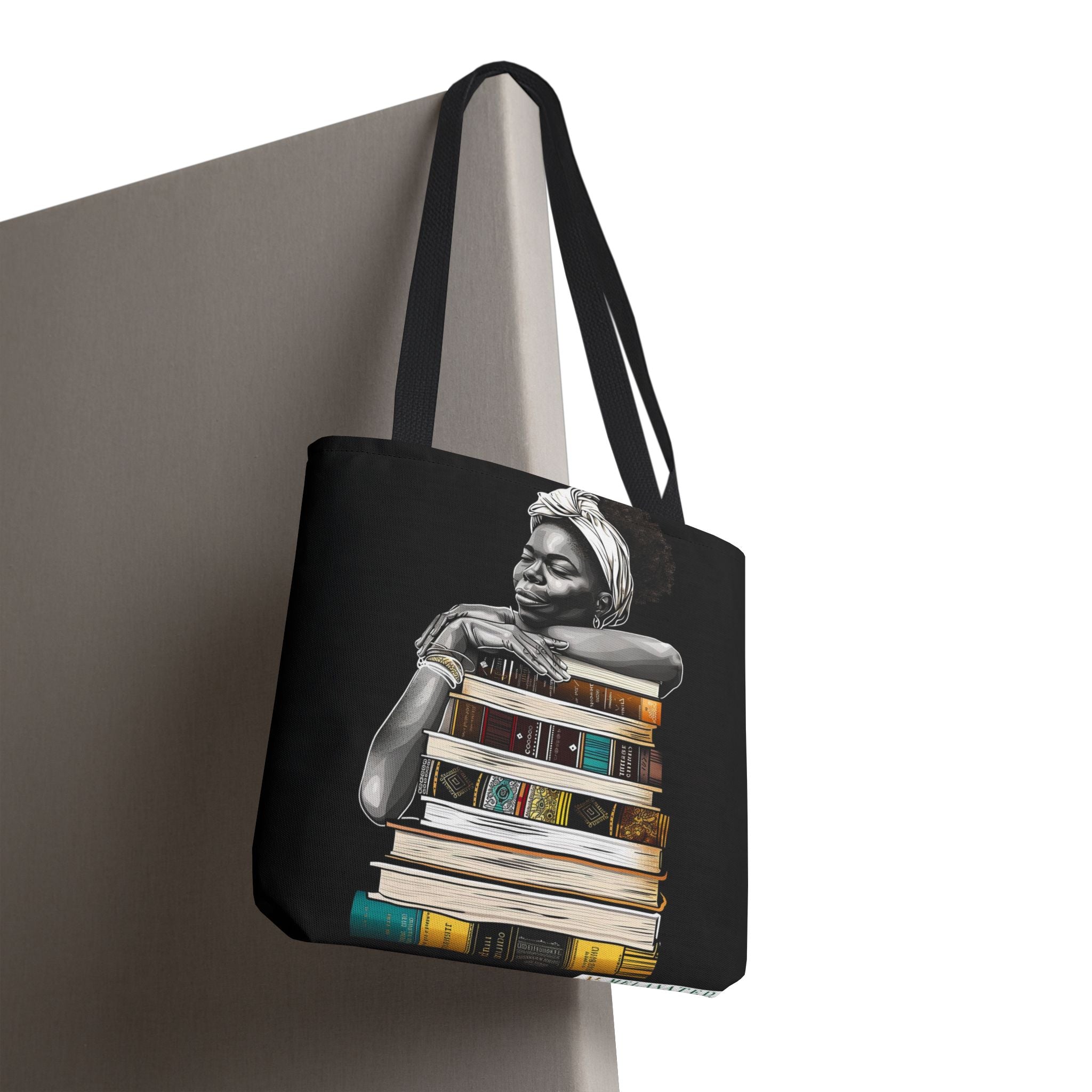 Afrocentric canvas tote bag featuring a peaceful Black woman embracing books, symbolizing education, knowledge, freedom, and generational legacy.