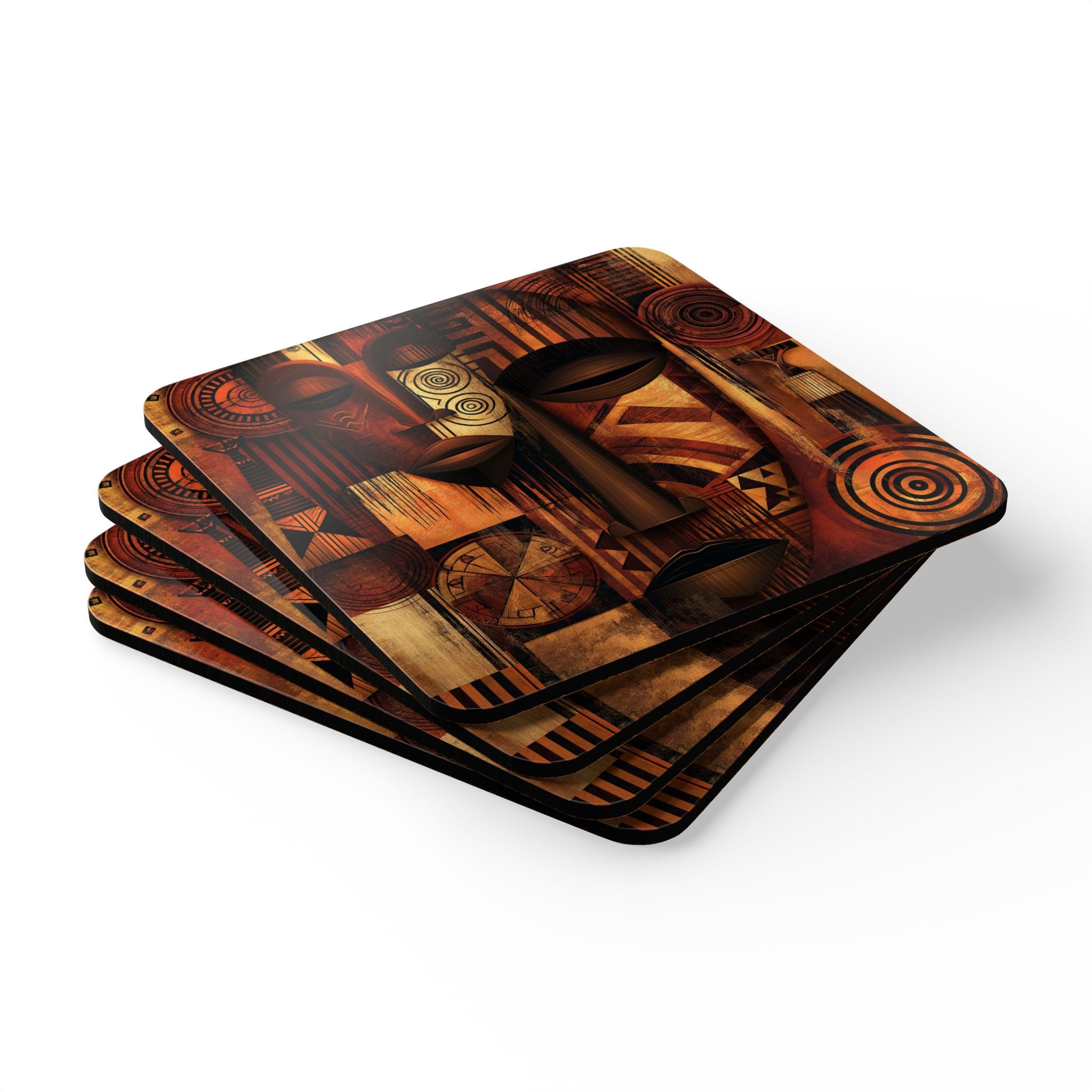 Set of four African Mask beverage coasters featuring vibrant Afrocentric artwork with cork backing, perfect for protecting tables while adding African American cultural style to living rooms, coffee tables, kitchens, and home bars.