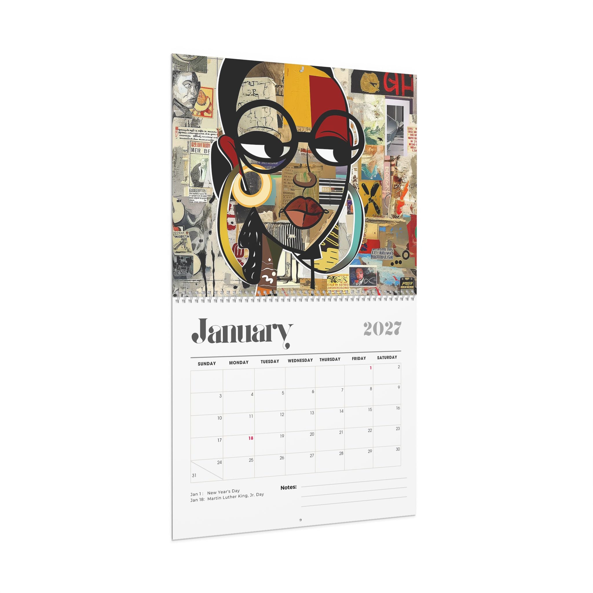 Side angled view of a spiral-bound desk calendar page showing January 2027, with a large abstract collage portrait illustration of a Black female above the calendar grid on a white background.