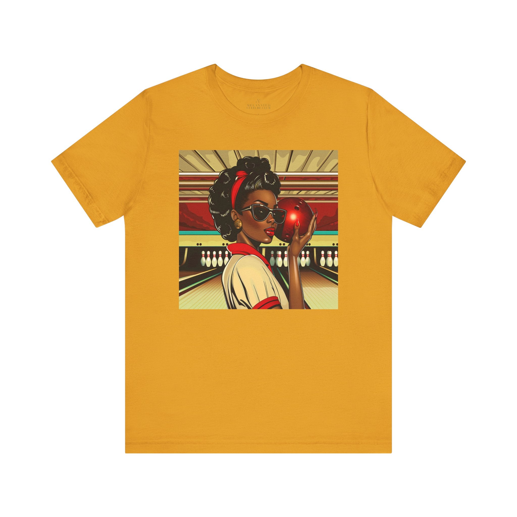 Woman Bowling Shirt African American Woman Tee Retro Pop Art in gold.