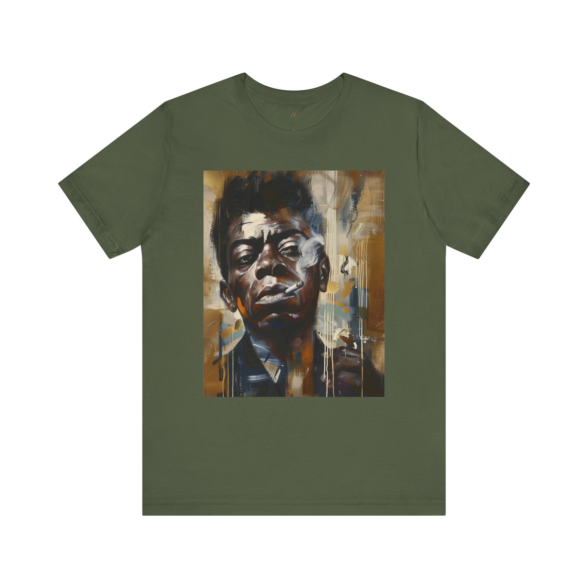 James Baldwin Tee Shirt featuring African American civil rights activist, bold Afrocentric streetwear design, unisex Black culture fashion top.