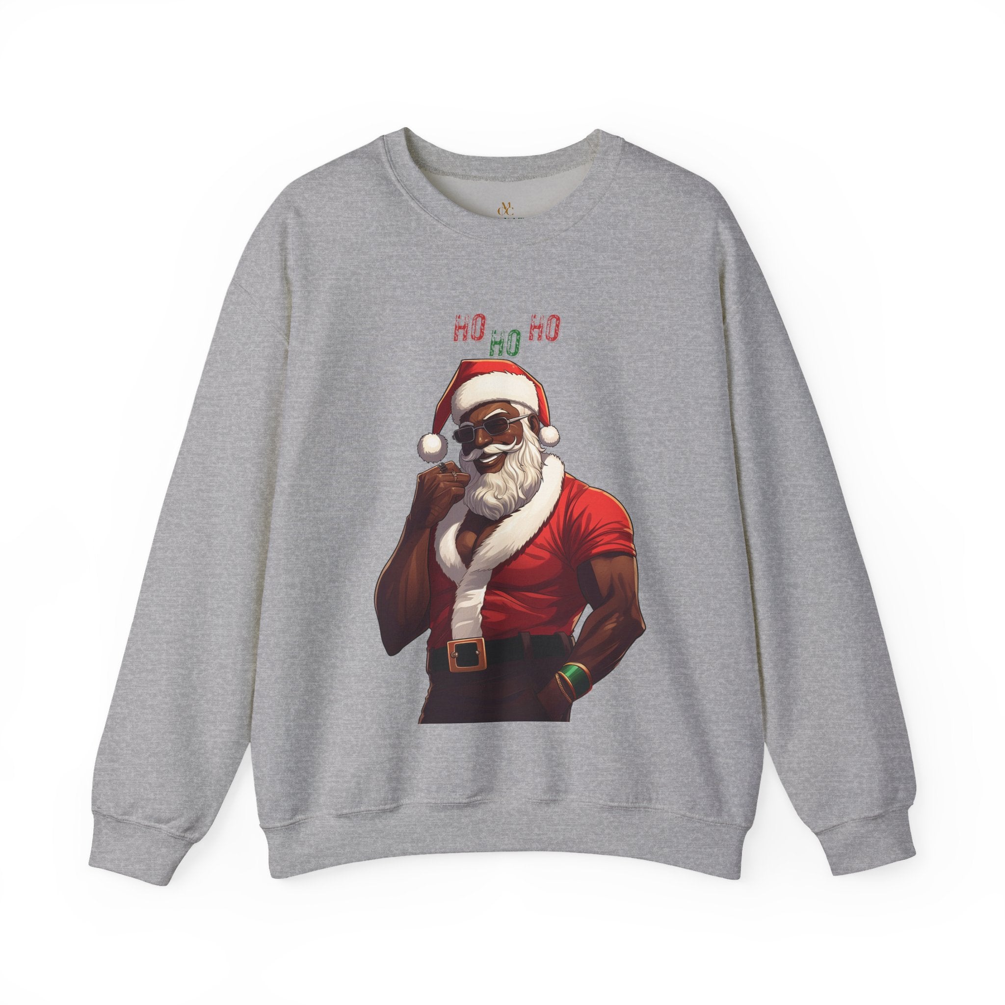 Black Santa Claus Sweatshirt featuring a sexy Afrocentric Santa design with skull cap and “Ho Ho Ho” lettering. Unisex holiday Christmas sweater celebrating African American Santa Claus style.