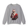 Black Santa Claus Sweatshirt featuring a sexy Afrocentric Santa design with skull cap and “Ho Ho Ho” lettering. Unisex holiday Christmas sweater celebrating African American Santa Claus style.
