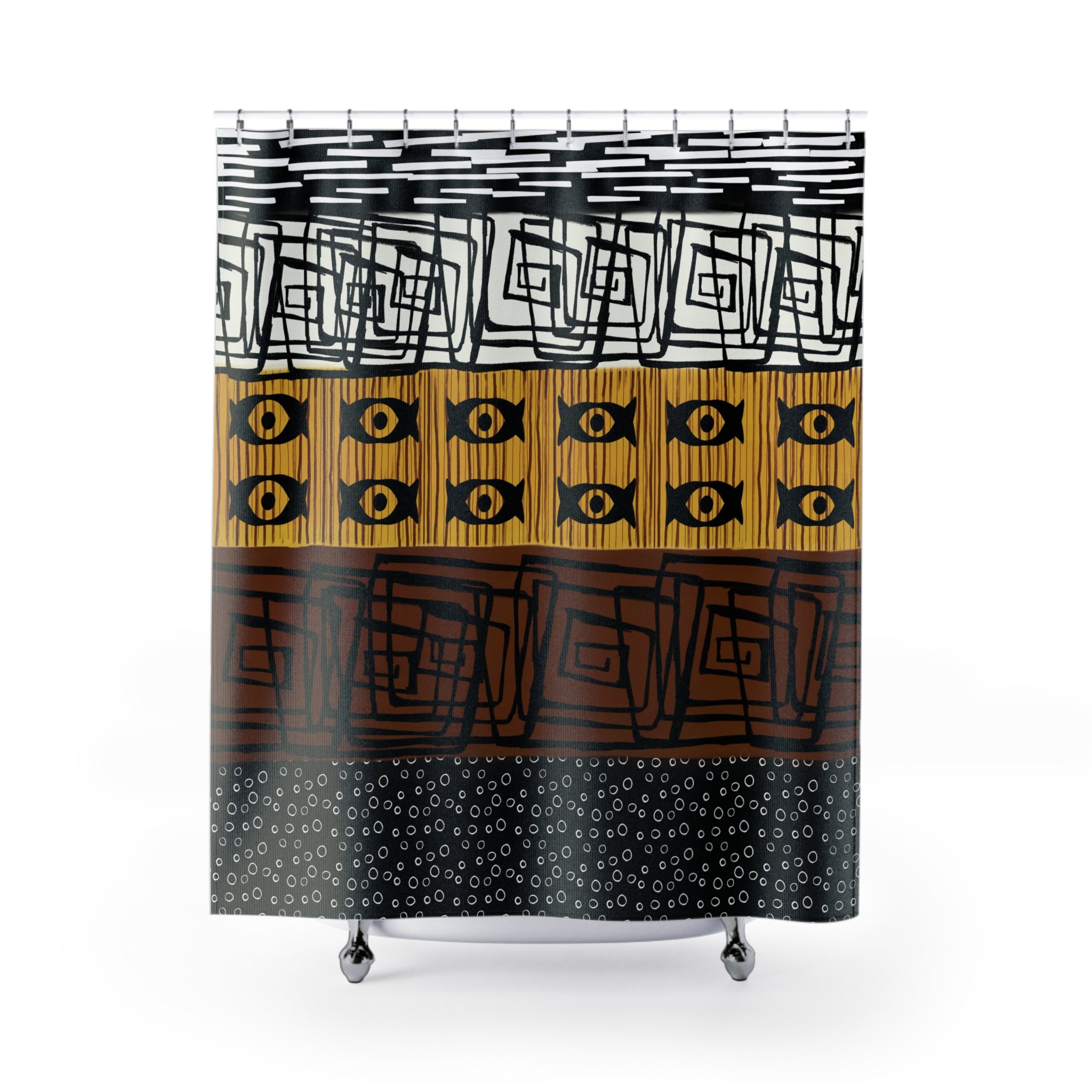 African Mud Cloth Bathroom Shower Curtain featuring traditional African-inspired patterns in a bold, Afrocentric design, perfect for culturally rich and stylish home decor.