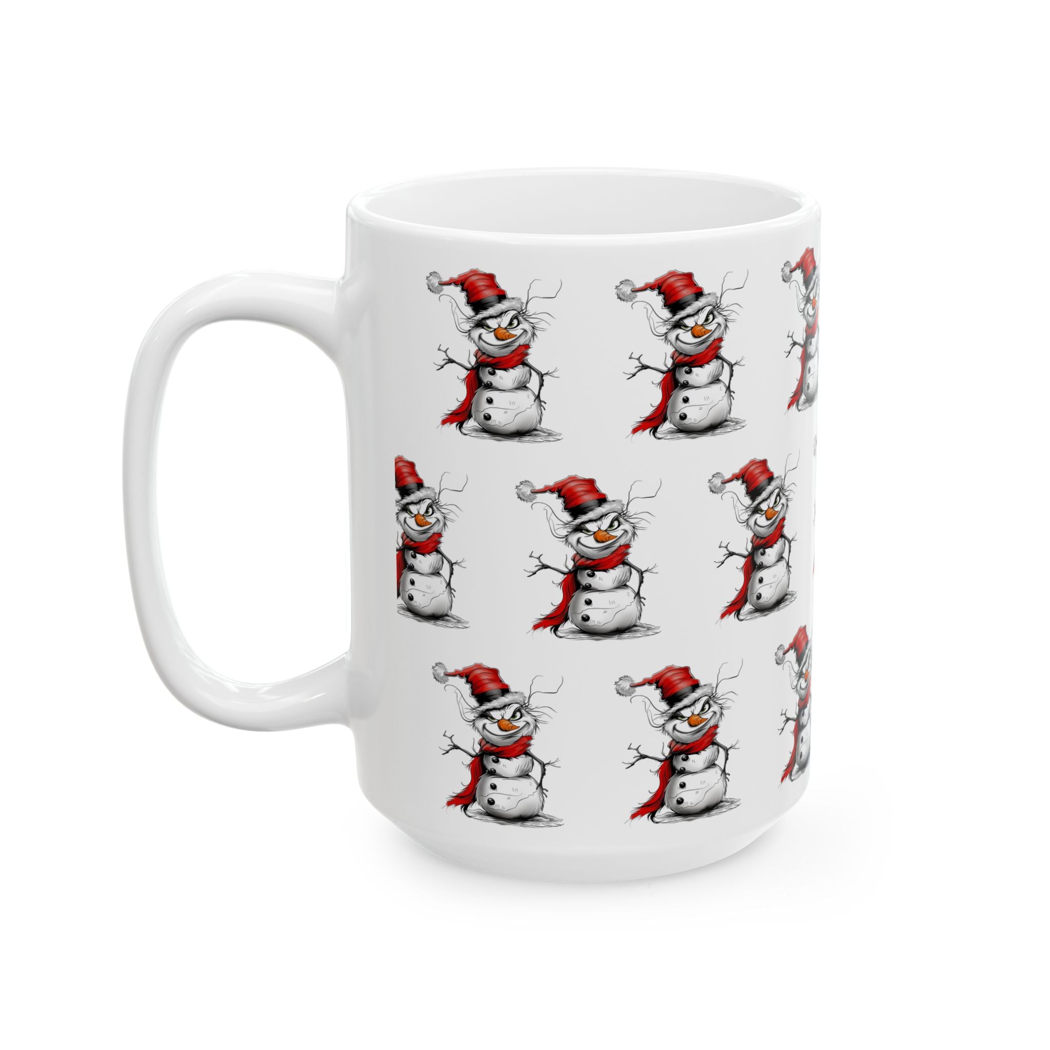 Grinch Snowman Coffee Mug featuring a naughty-looking snowman with a Grinch-inspired face – unique Christmas holiday beverage mug perfect for festive kitchens and seasonal drinks.