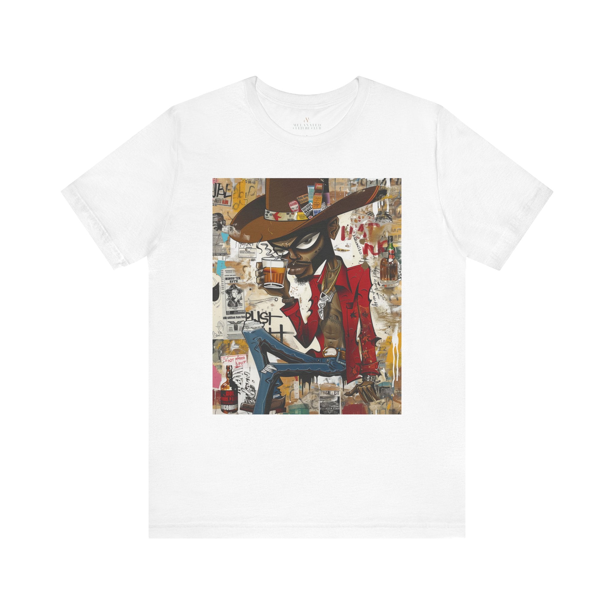 Black Cowboy Tee Cartoon Style in white.