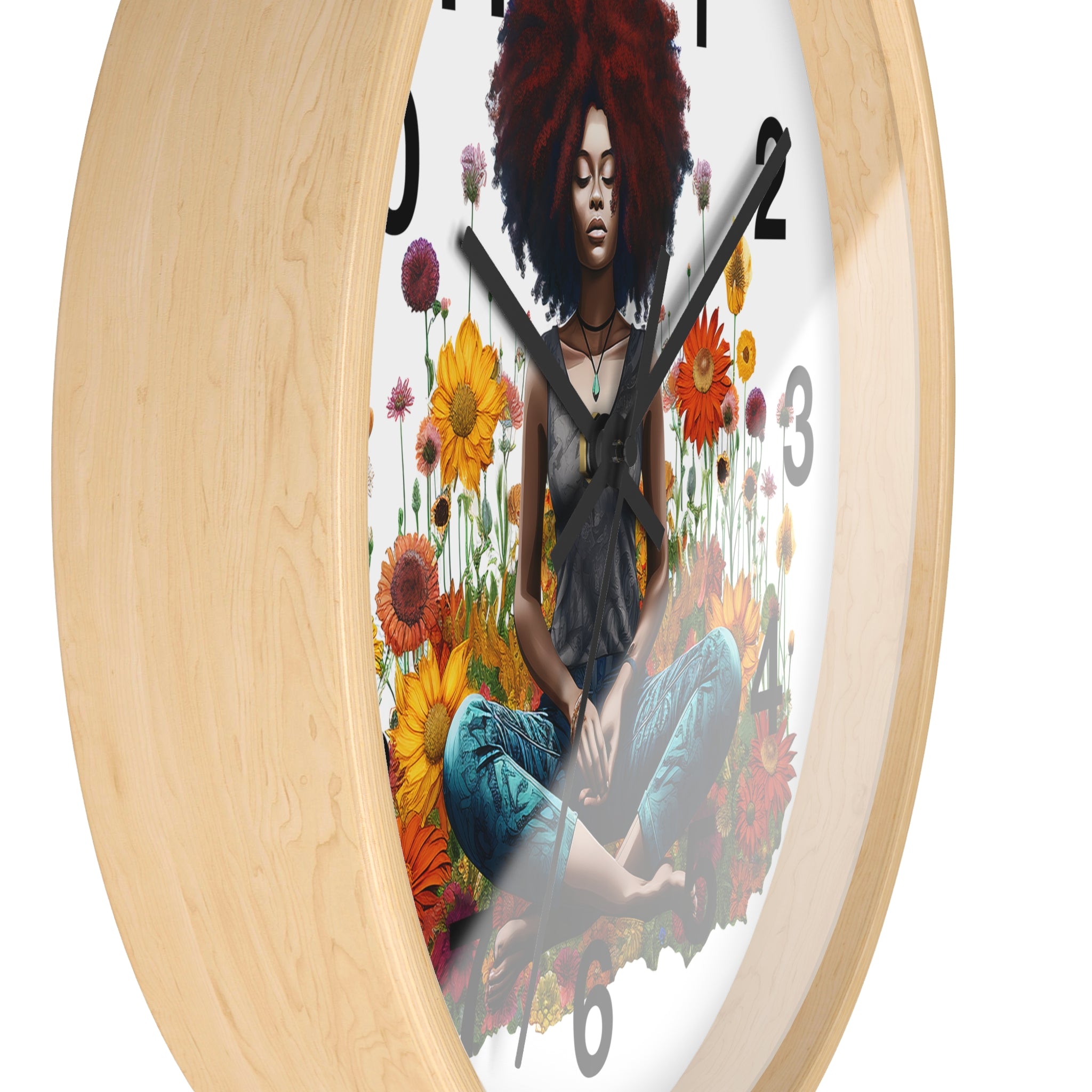 Black Female Yoga Round Wall Clock featuring an Afrocentric woman in meditation pose. Modern Yogi art clock for yoga studio, spa, or peaceful home decor.