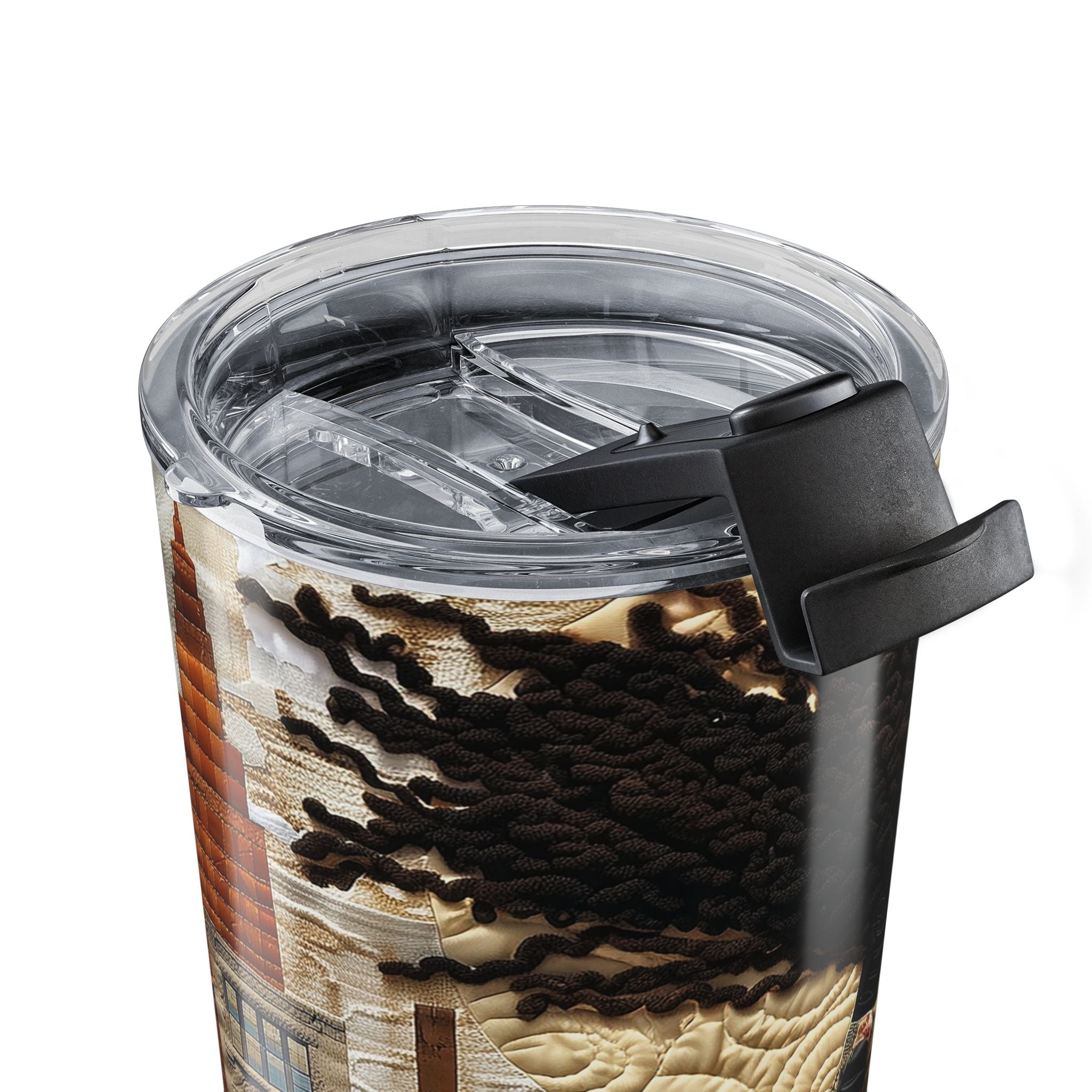 20 oz stainless steel travel tumbler featuring a young Black girl carrying a yellow sunflower while walking through Harlem. Her long braids blow in the wind with historic Harlem brownstones and New York City architecture in the background, illustrated in a colorful Afrocentric faux quilt collage style.  Close up view of lid opening against a white background.