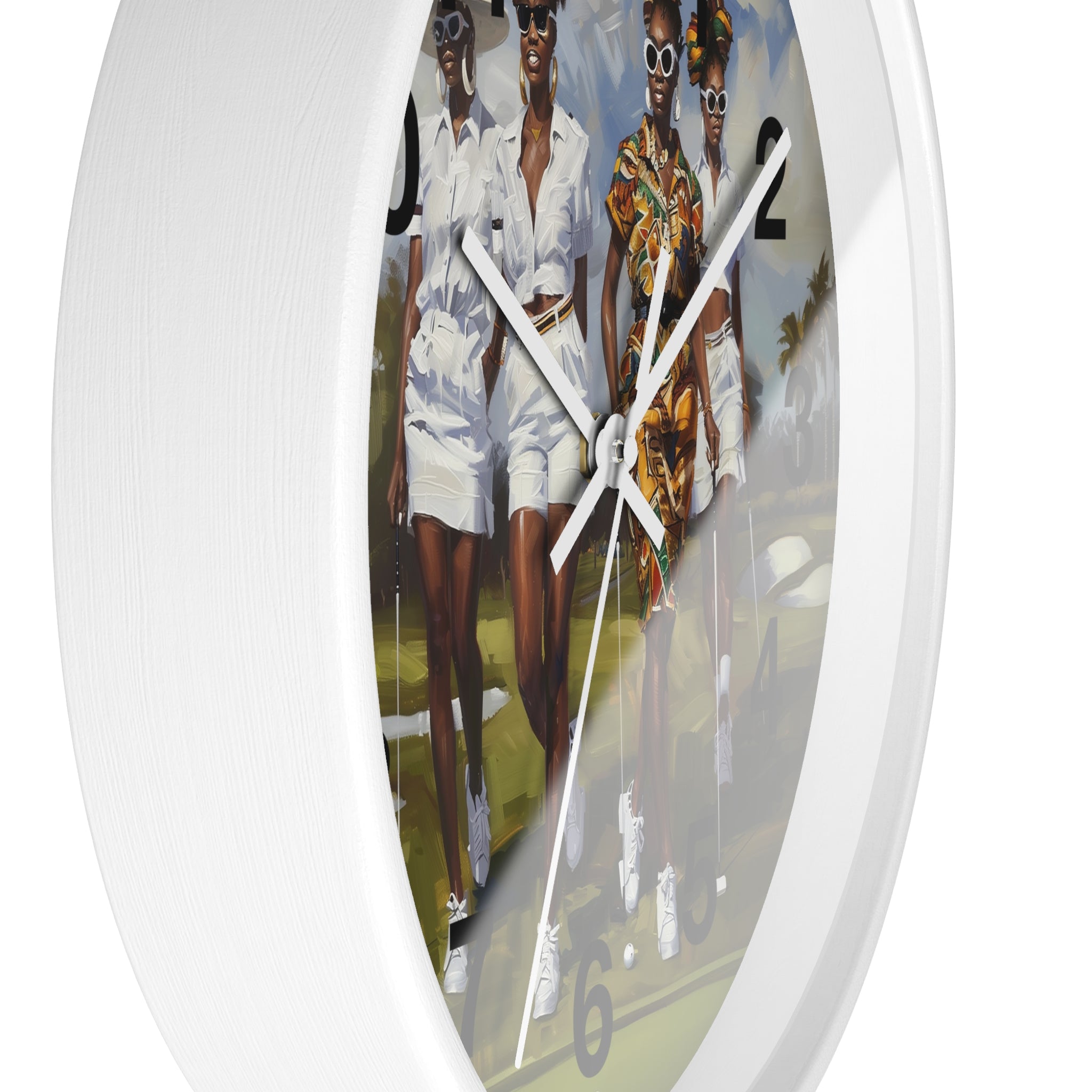 A white oval wall clock featuring a printed illustration of three stylish women walking outdoors, with black Arabic numerals and white clock hands.