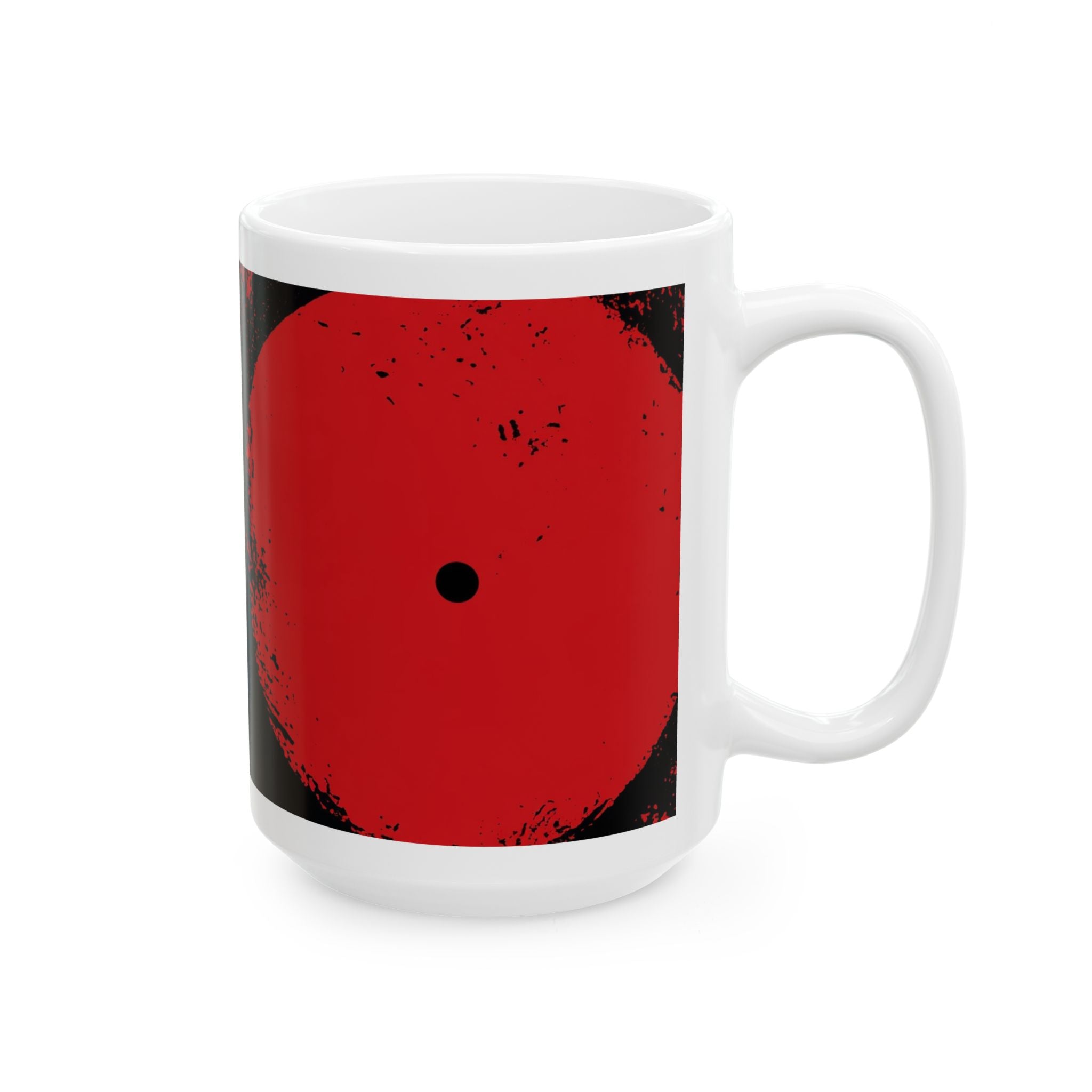 Right hand view of 15 oz. red, black and cream abstract art coffee mug featuring bold geometric circles, stripes, organic shapes and a Bauhaus-inspired modern design, displayed against a white background.