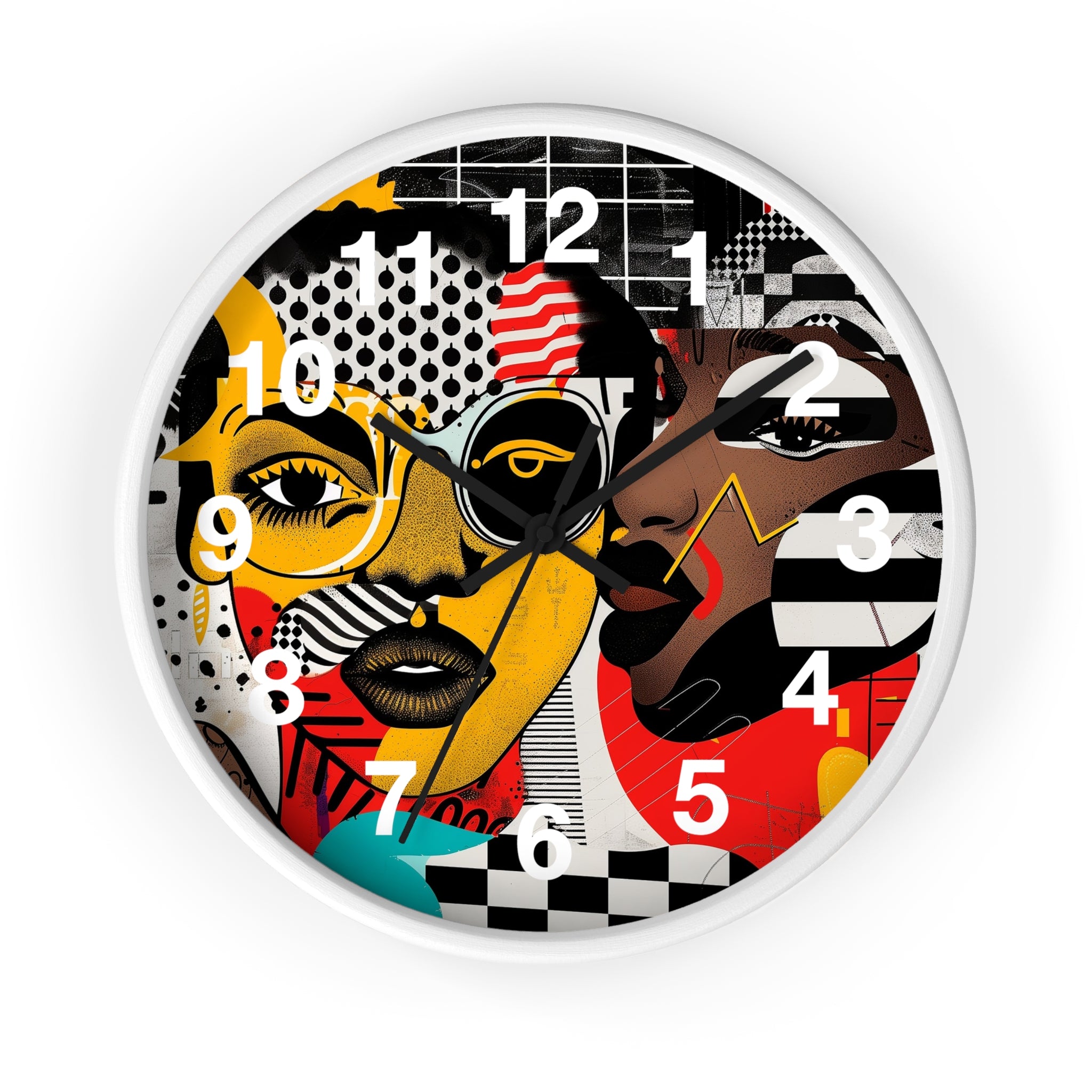 Black Women Pop Art Round Wall Clock featuring an abstract Soul Sister design in bold, colorful pop art style. Afrocentric wall decor with vibrant modern art aesthetic.