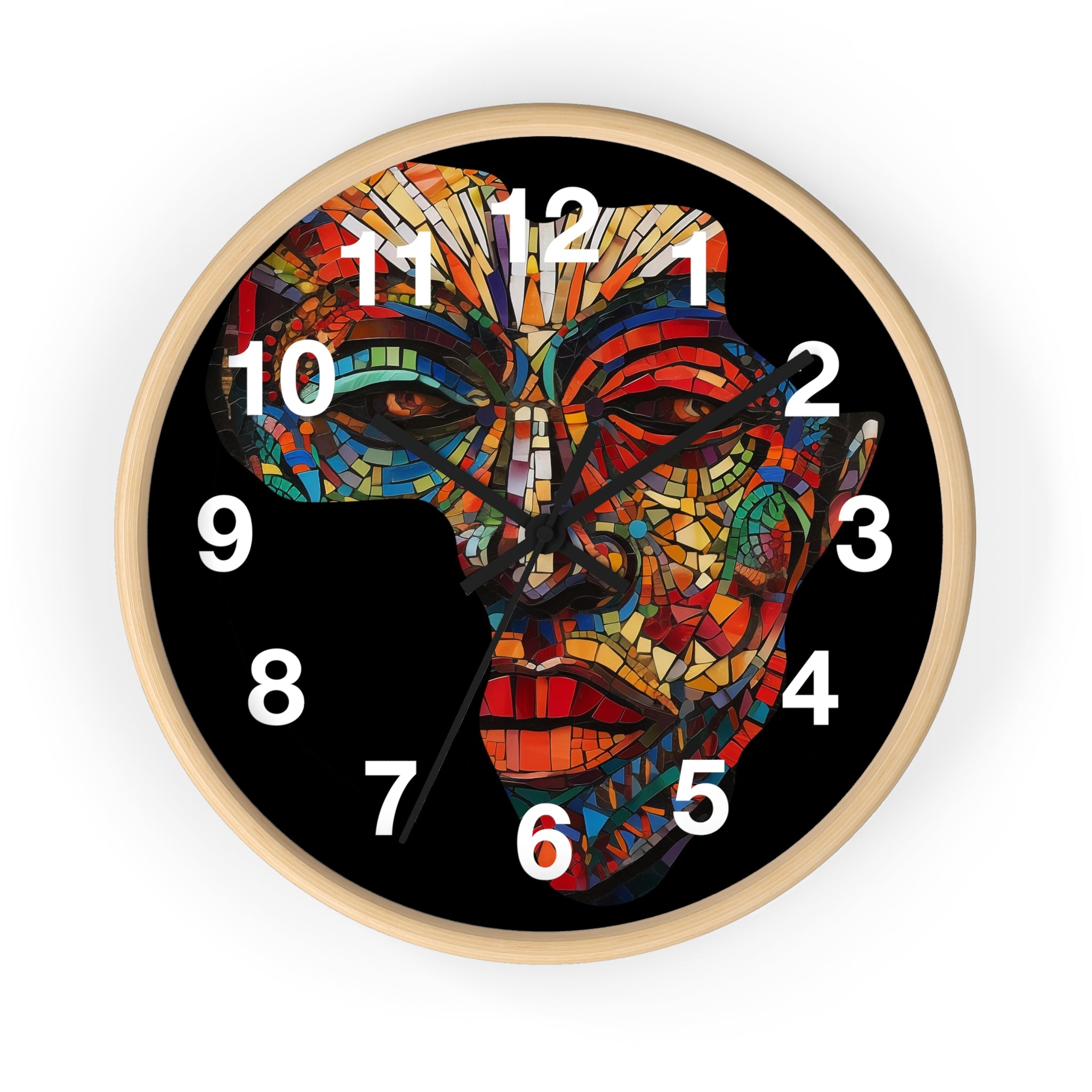 African Mosaic Mask Round Wall Clock featuring a mosaic-style African mask in the shape of the continent of Africa. Abstract Afrocentric wall decor with bold geometric patterns and vibrant colors.