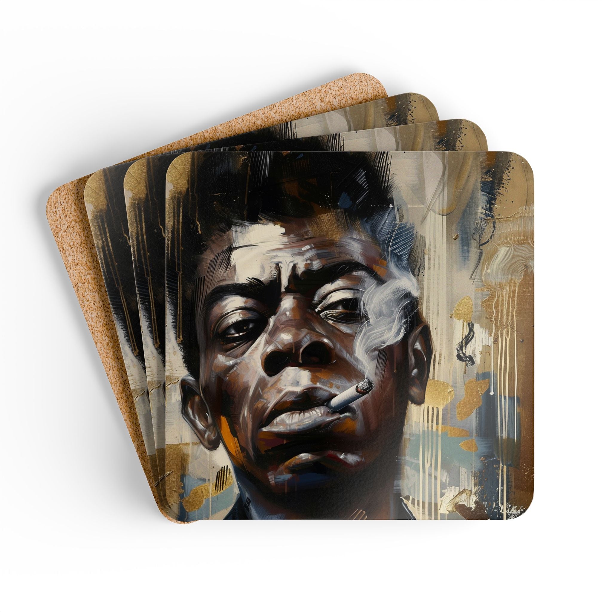 Set of 4 James Baldwin Drink Coasters featuring Afrocentric art portraits of the iconic African American writer and civil rights leader.