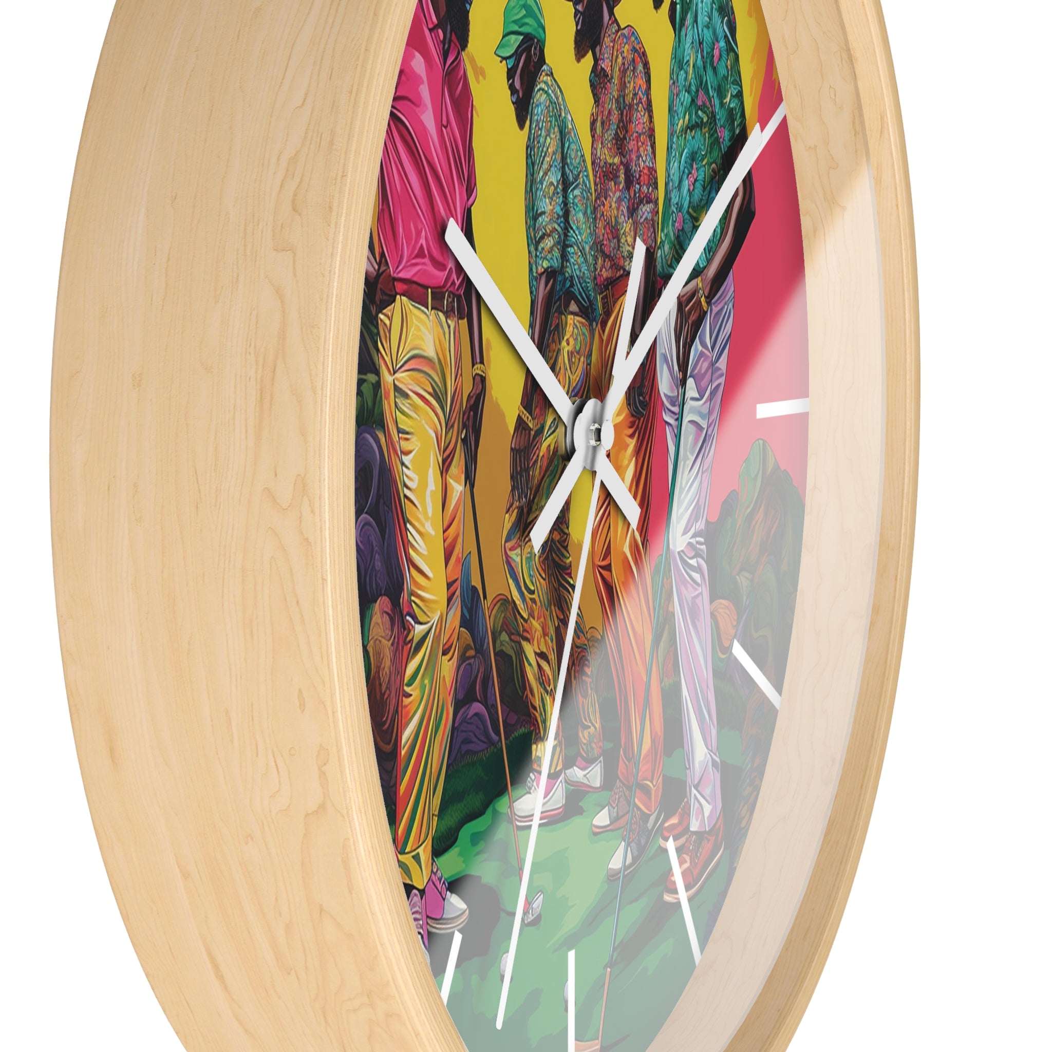 Black Men Playing Golf Wall Clock featuring African American golfers on the green. Afrocentric sports wall decor celebrating Black men in golf, leisure, and culture.