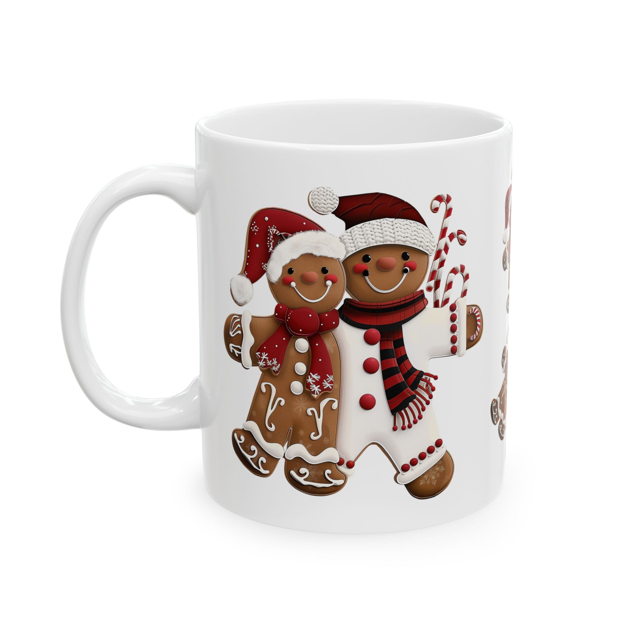 Gingerbread Cookie Couple Coffee Mug featuring a festive gingerbread couple design, Christmas holiday beverage mug perfect for coffee, tea, and hot cocoa, available in 11 oz and 15 oz sizes.