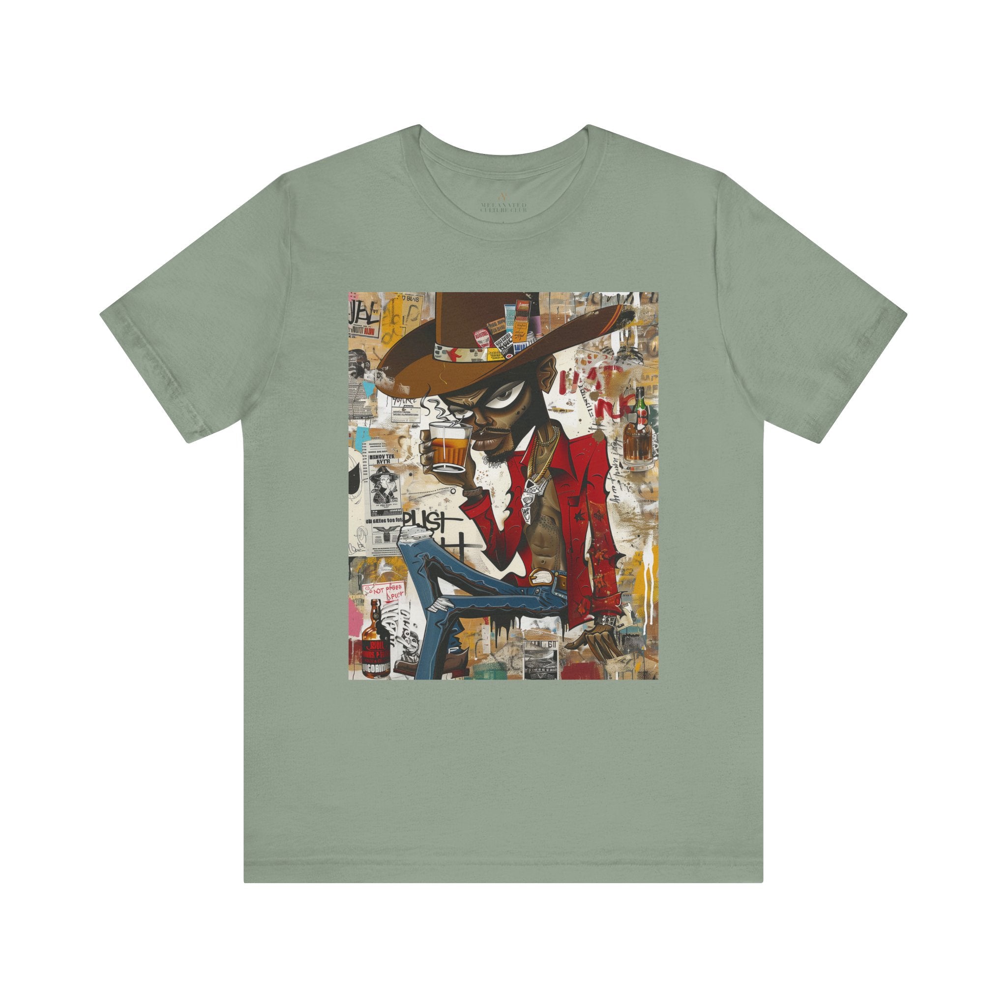 Black Cowboy Tee Cartoon Style in sage.