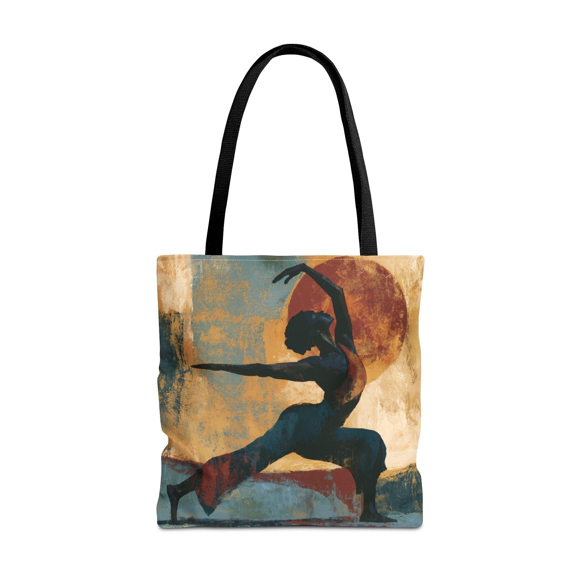 Black Woman Yoga tote bag featuring abstract textured Afrocentric artwork of an African American woman in a peaceful yoga pose, styled against a white background.