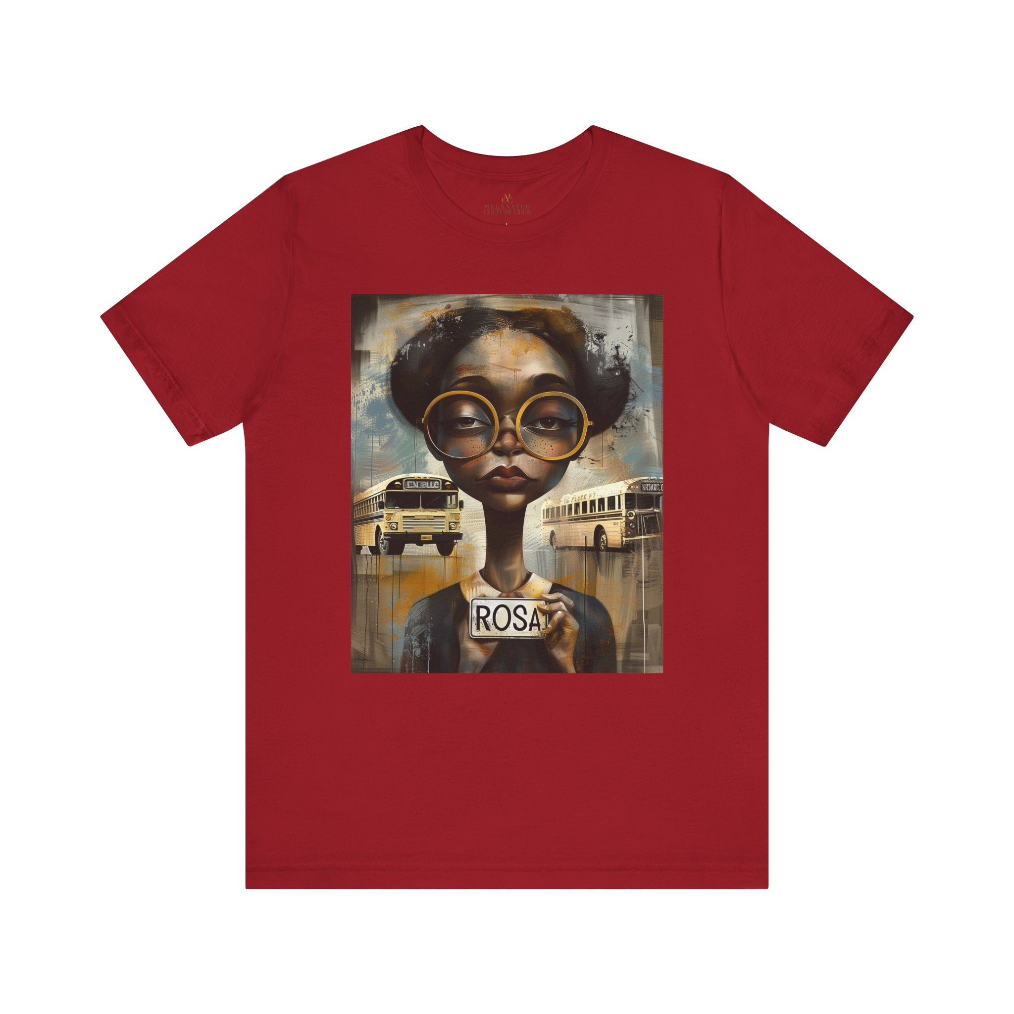 Rosa Parks Mugshot T-Shirt featuring her 1955 booking photo in a bold graphic design. Afrocentric streetwear style honoring civil rights history and Black heritage.