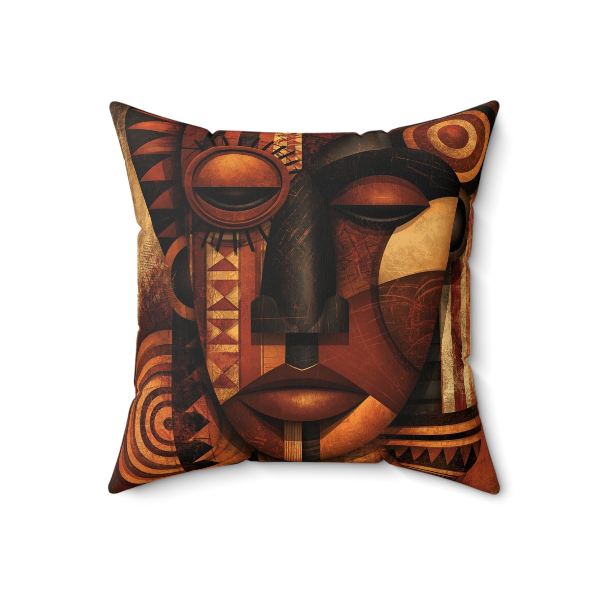 Abstract Afrocentric African Mask 18" x 18" throw pillow featuring a colorful tribal-inspired face with bold geometric patterns and vibrant cultural artwork displayed displayed against a white background.