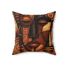 Abstract Afrocentric African Mask 18" x 18" throw pillow featuring a colorful tribal-inspired face with bold geometric patterns and vibrant cultural artwork displayed displayed against a white background.