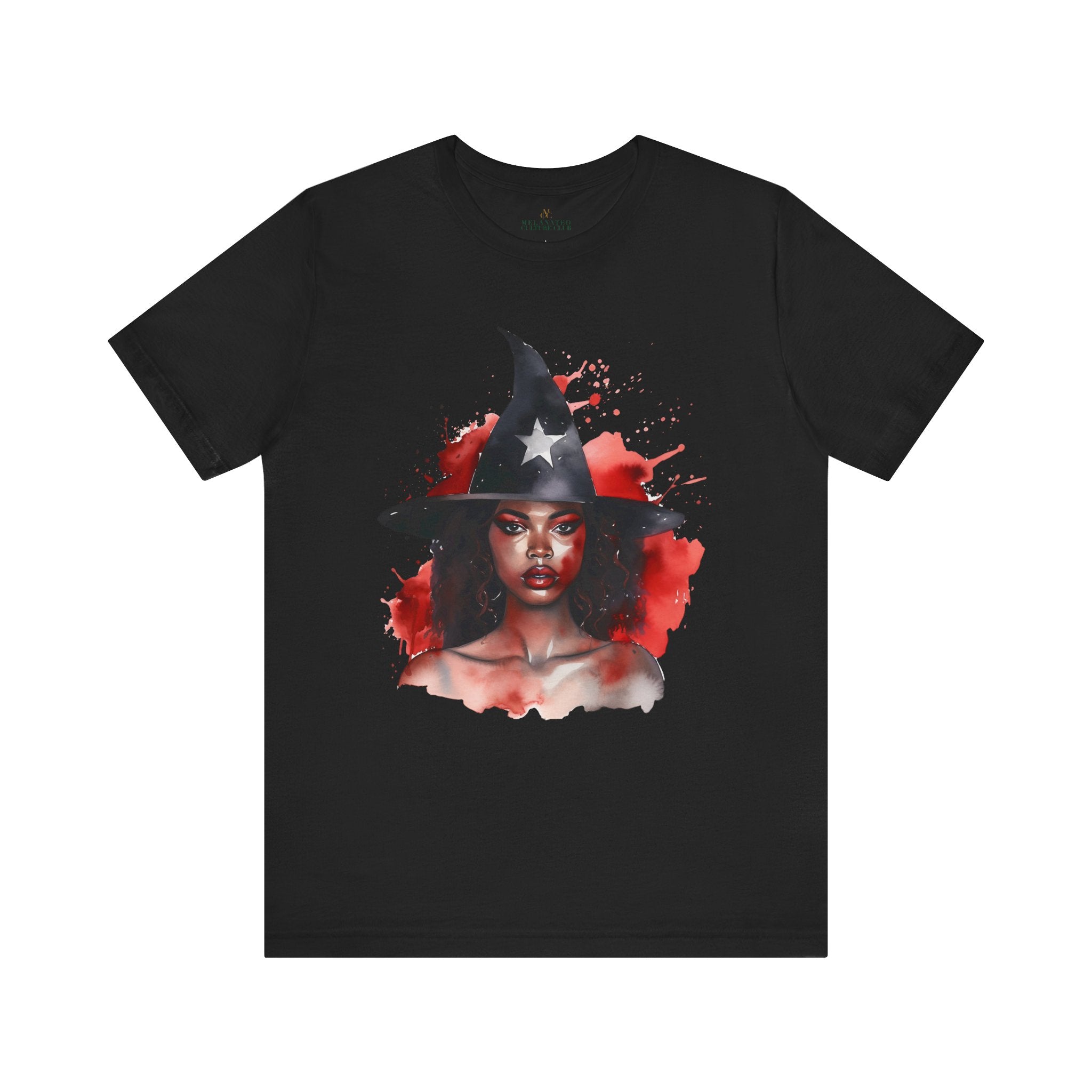 Black Witch Tee Shirt featuring an Afrocentric illustration of a beautiful African American witch in Halloween style, unisex graphic tee for Afrocentric fashion and spooky season streetwear.
