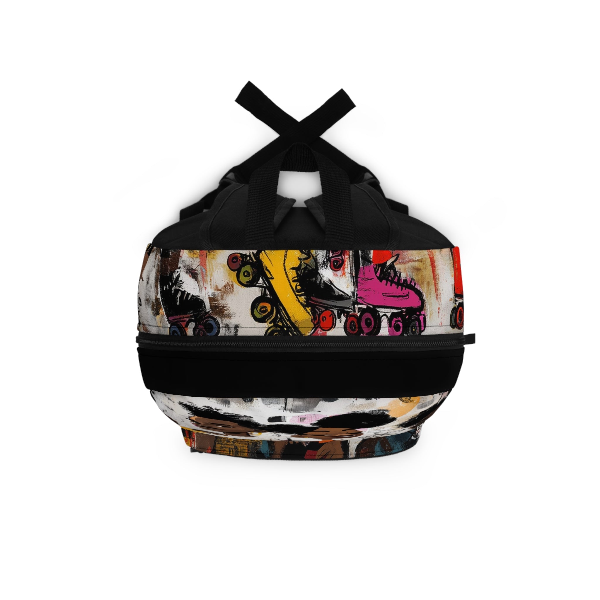 Top view of a backpack with a black lower half and a side panel featuring an abstract graffiti-style print of Black teen roller skaters against a plain white background.