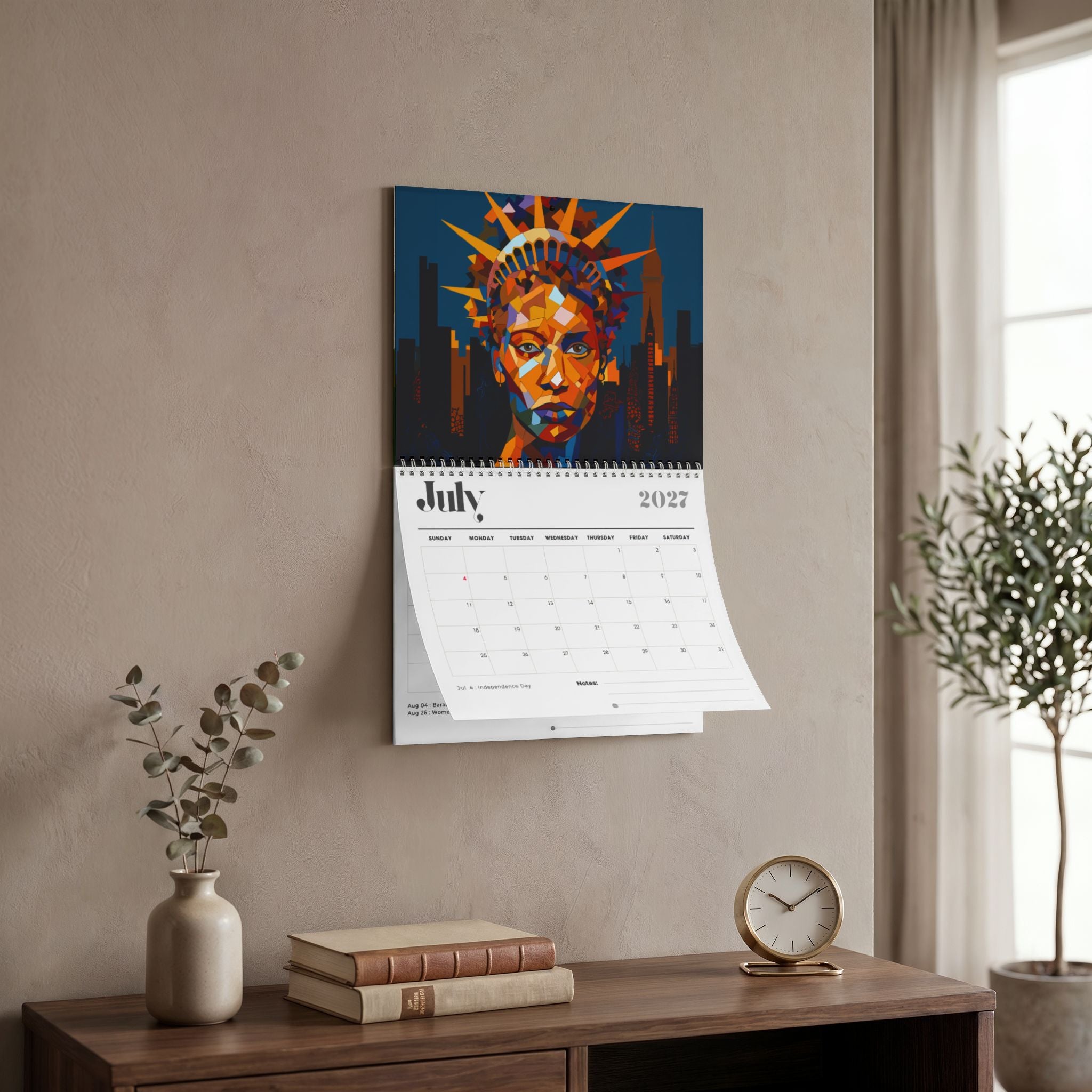 A wall-mounted calendar hanging on a beige wall in a styled interior. The calendar cover features a colorful geometric portrait an Afrocentric female representing the Statue of Liberty in blue, orange, and yellow tones, with the page turned to show a July 2022 calendar spread.  Size 11" x 8.5"