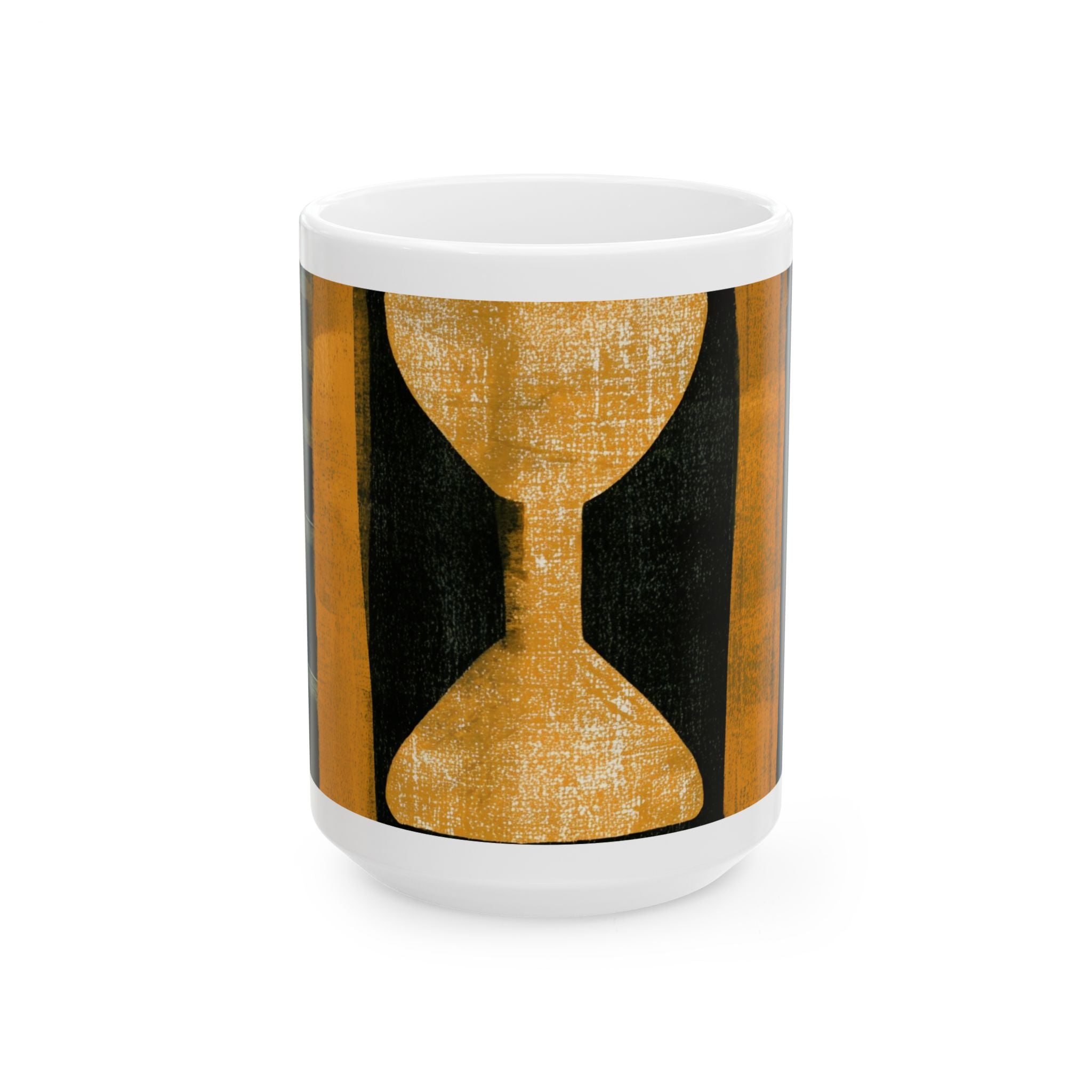Front view of 15 oz Afrocentric abstract coffee mug featuring bold geometric shapes and textured patterns in red, gold, black, and cream, displayed against a white background.