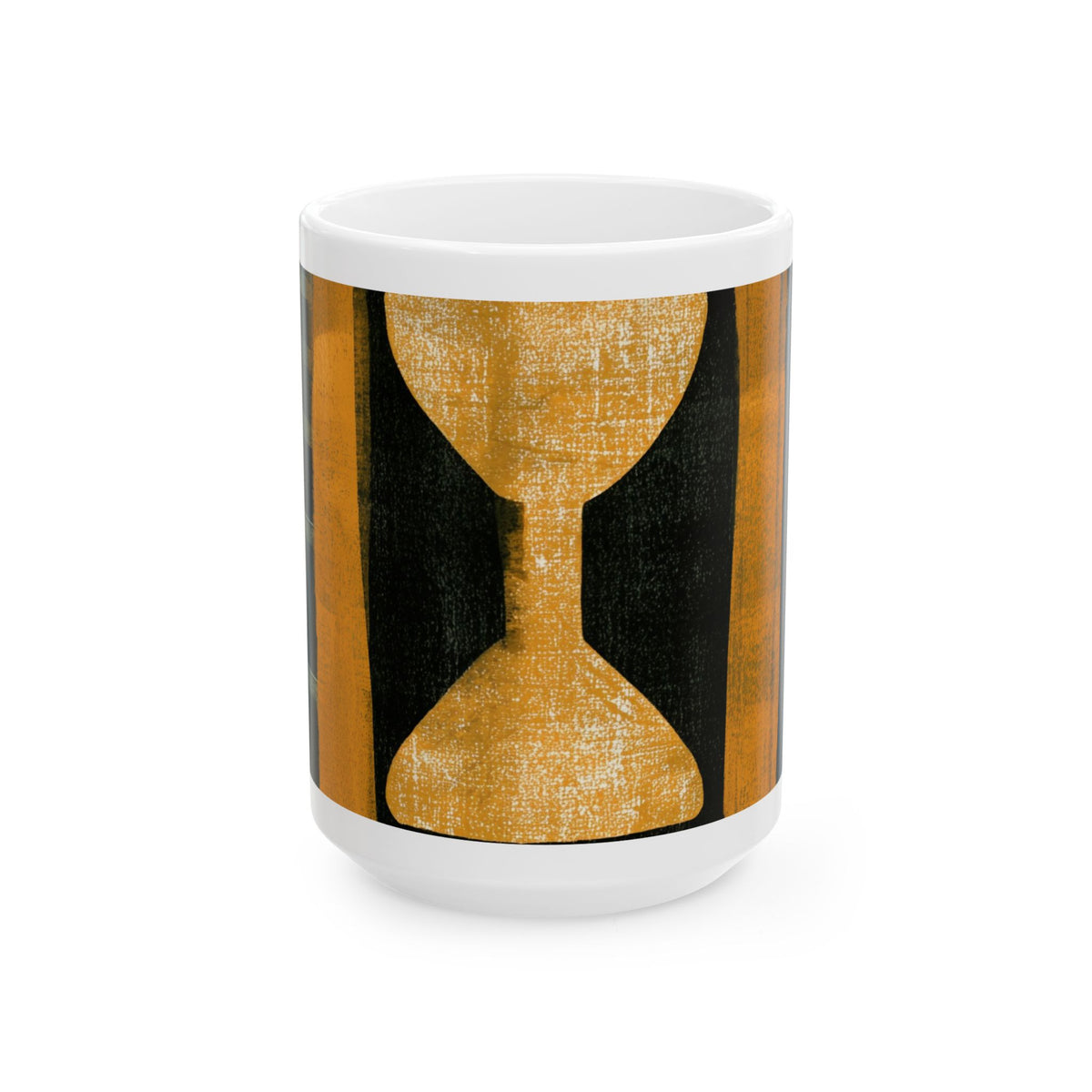 Front view of 15 oz Afrocentric abstract coffee mug featuring bold geometric shapes and textured patterns in red, gold, black, and cream, displayed against a white background.