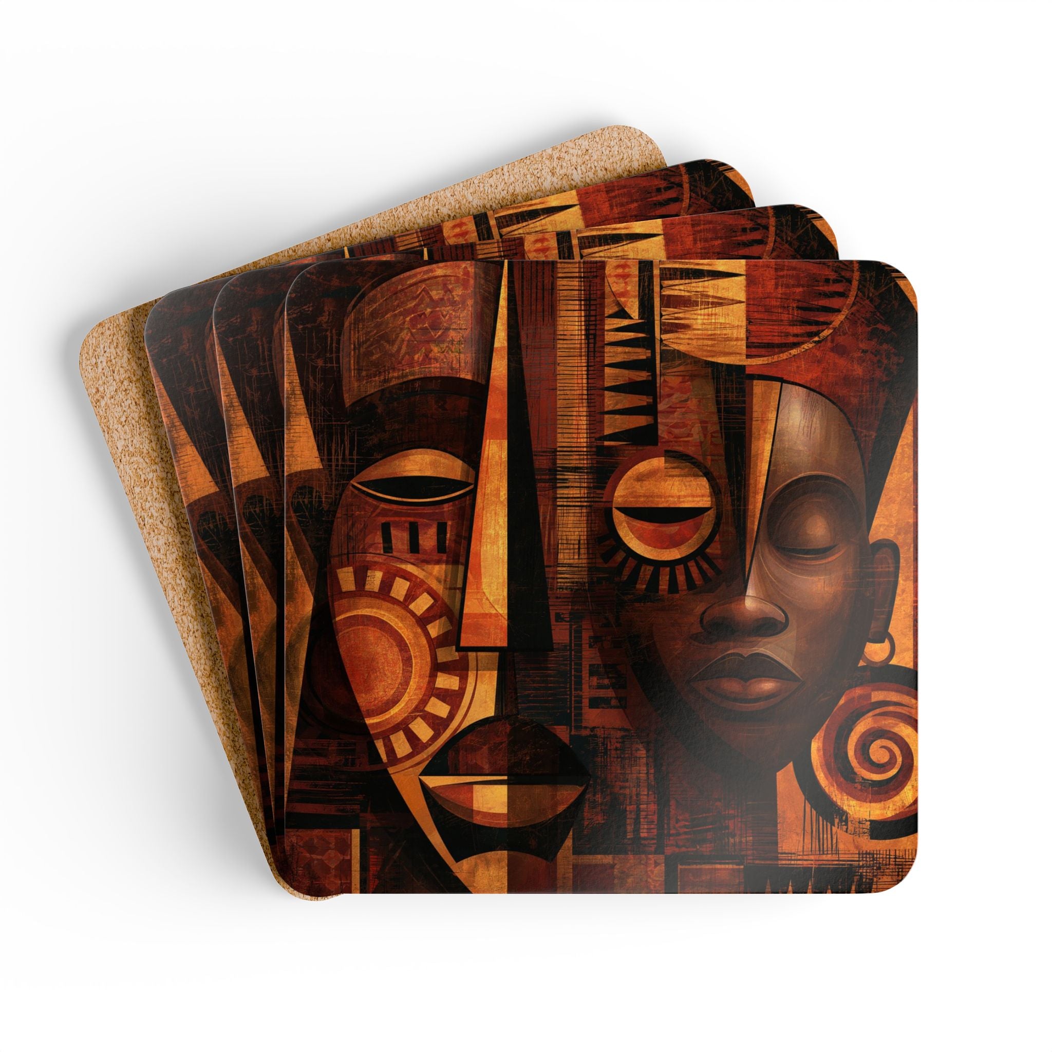 Set of four African Mask beverage coasters featuring vibrant Afrocentric artwork with cork backing.  Style 03