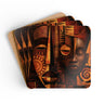 Set of four African Mask beverage coasters featuring vibrant Afrocentric artwork with cork backing.  Style 03