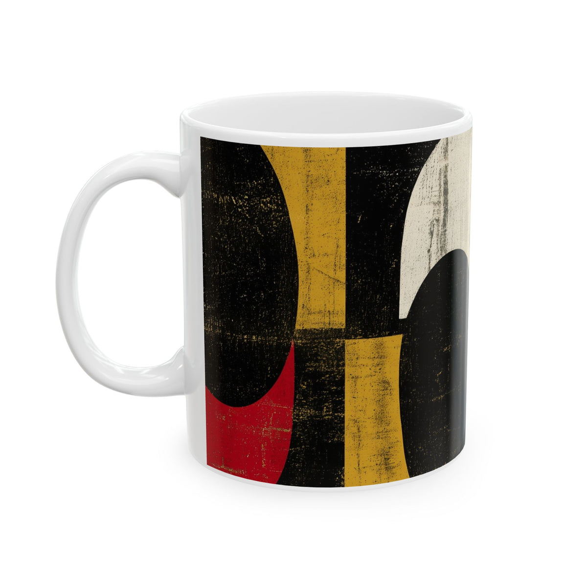 A white ceramic mug featuring a distressed abstract geometric print with black, gold, red, and off-white shapes, shown on a plain white background.