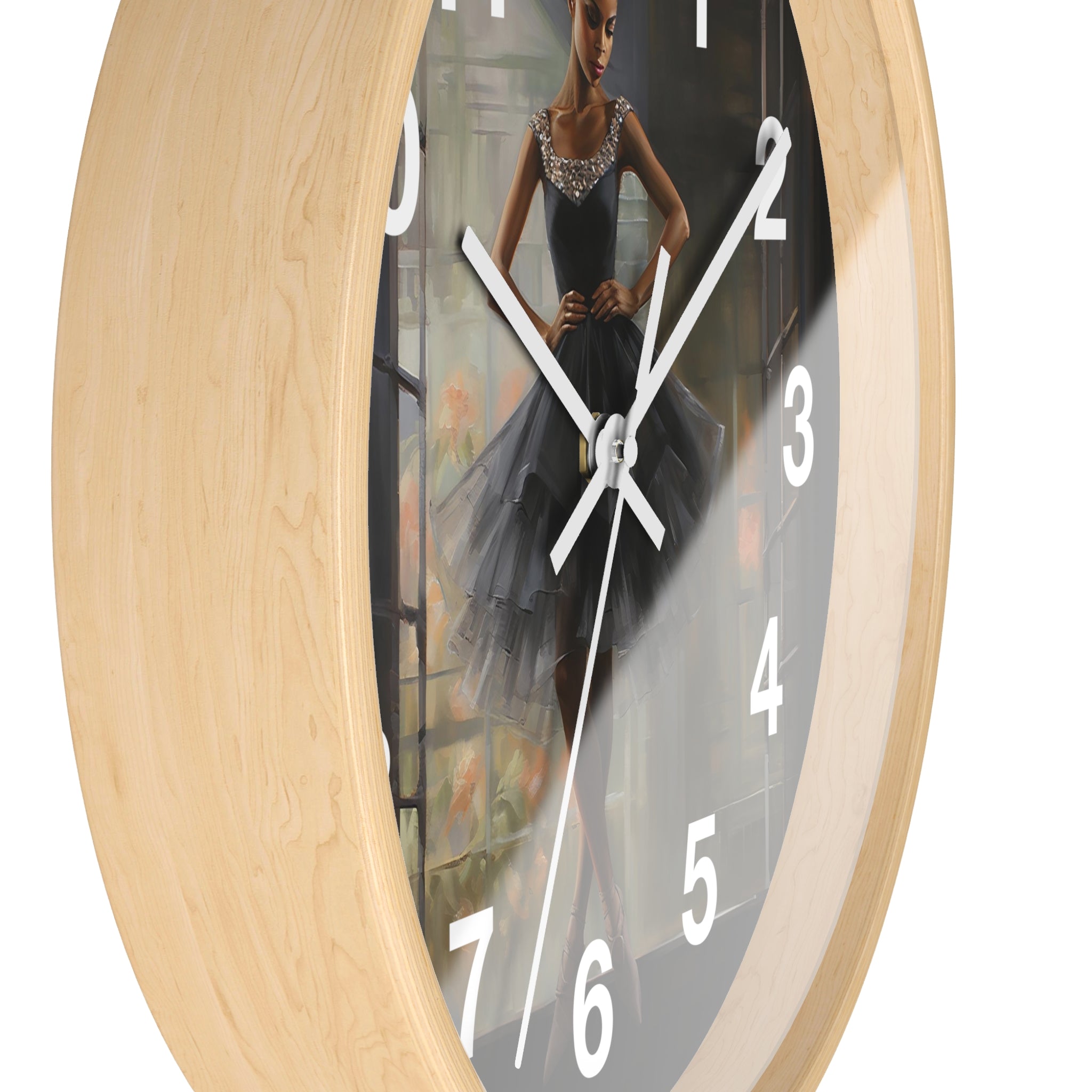 Black Girl Ballerina Round Wall Clock featuring an African American ballerina in a graceful pose, with detailed tutu folds and ballet slippers.