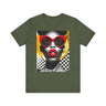 Black Woman Shock Pop Art Tee Shirt featuring an Afrocentric retro comic style illustration of a surprised Black woman. Bold psychedelic colors and vintage streetwear design celebrating African American fashion and expressive art.