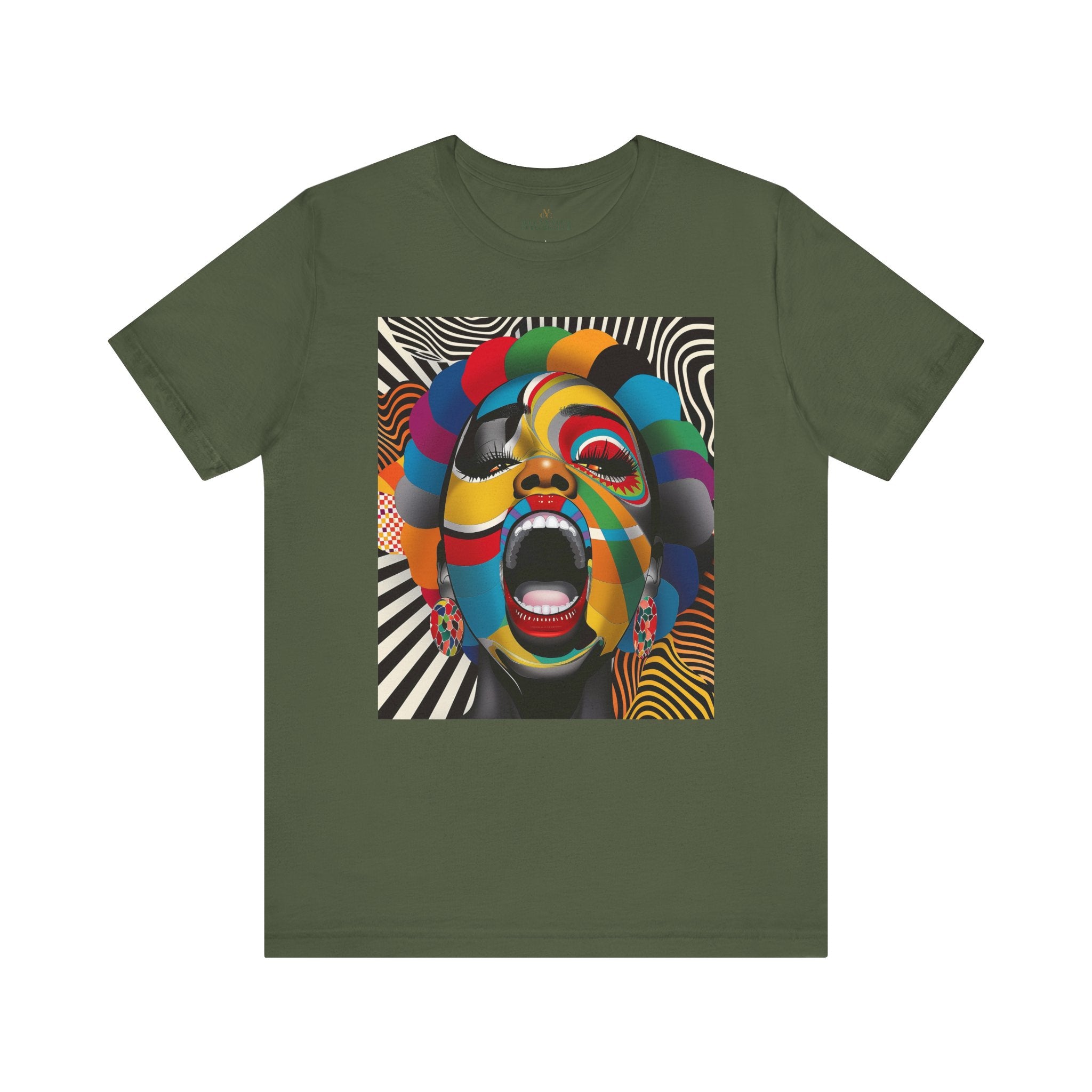 Black woman pop art tee, Afrocentric graphic shirt, scream comic tee, retro 70s psychedelic top, Black streetwear fashion, Afro pop culture shirt, vibrant Black woman art tee, halftone retro t-shirt, Afro art clothing, bold comic style tee