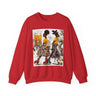 Two Black women with natural hairstyles wearing bold streetwear and roller skates, standing against a colorful abstract graffiti background on an Afrocentric graphic sweatshirt.