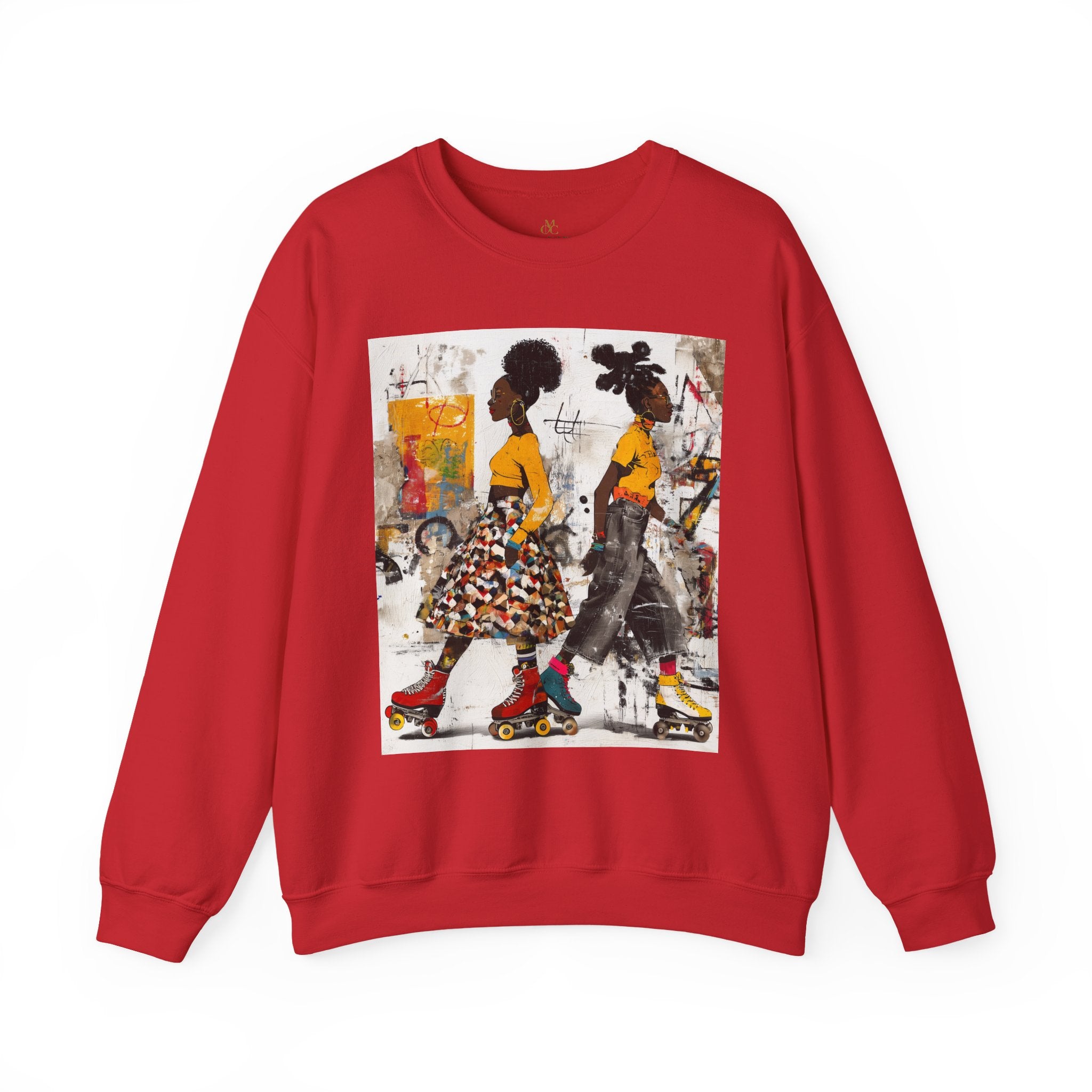 Two Black women with natural hairstyles wearing bold streetwear and roller skates, standing against a colorful abstract graffiti background on an Afrocentric graphic sweatshirt.