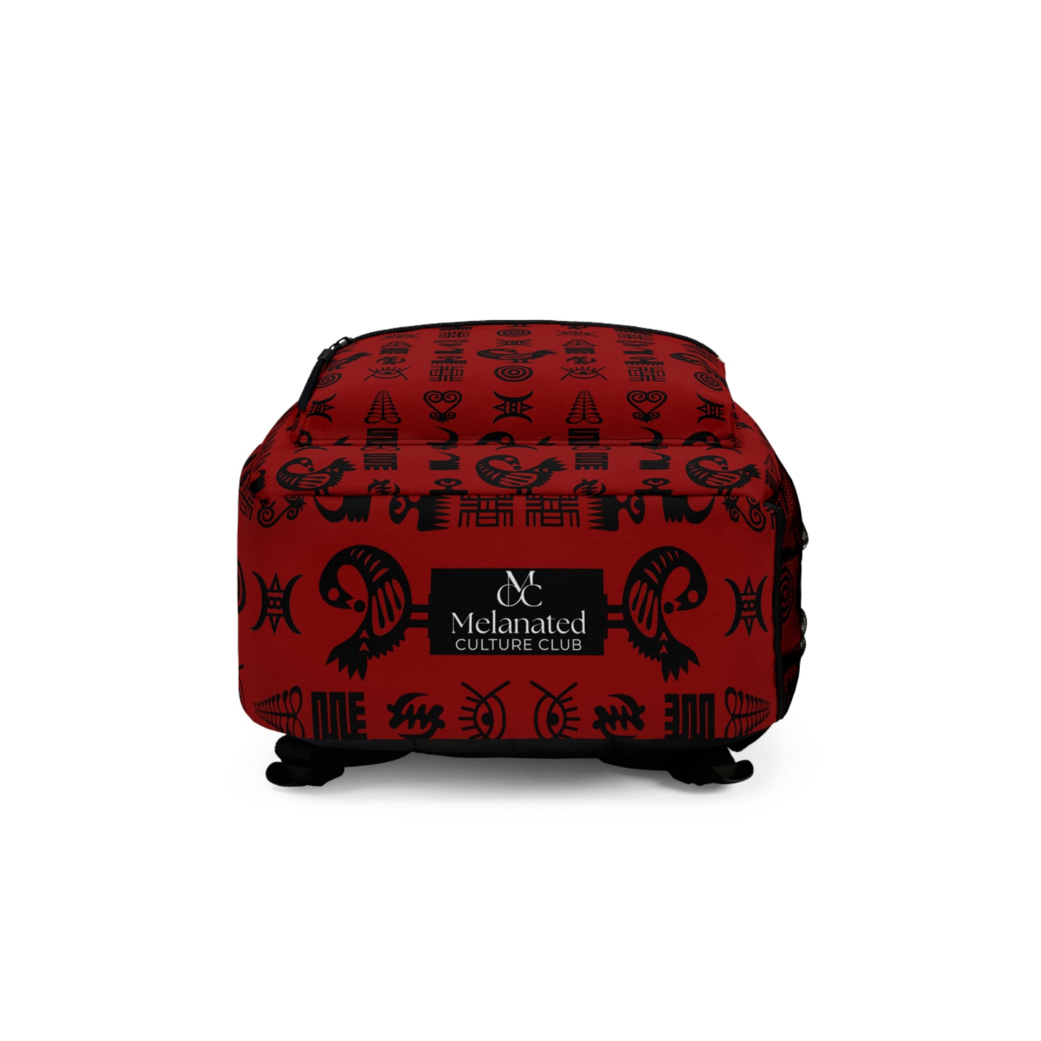 Backpack for school and travel featuring traditional Ghanaian Adinkra symbols in an Afrocentric pattern celebrating African heritage, culture, wisdom, and unity.