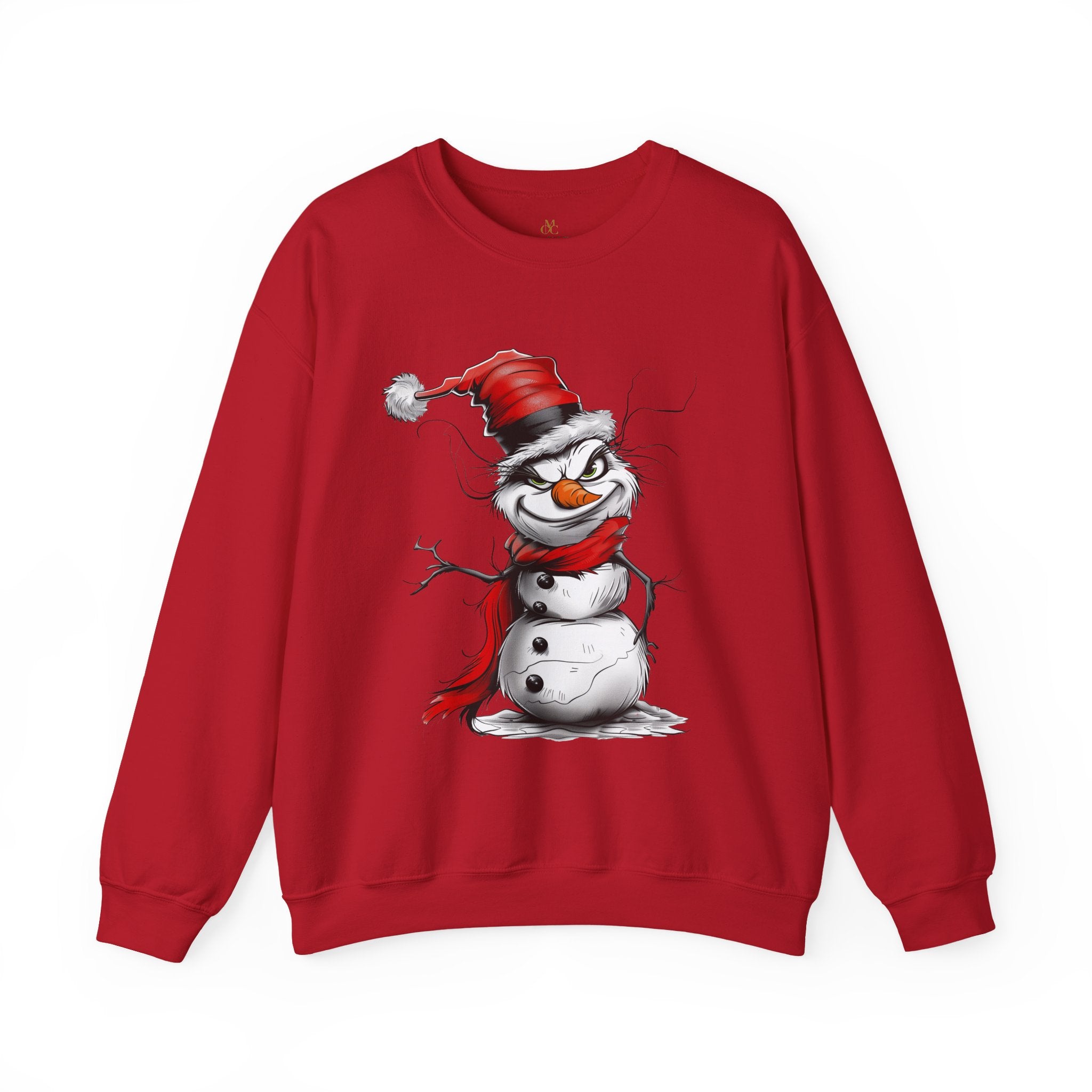 Snowman Grinch Sweatshirt featuring a unique snowman with a naughty, Grinch-inspired face – festive holiday Christmas sweater perfect for parties and seasonal wear.