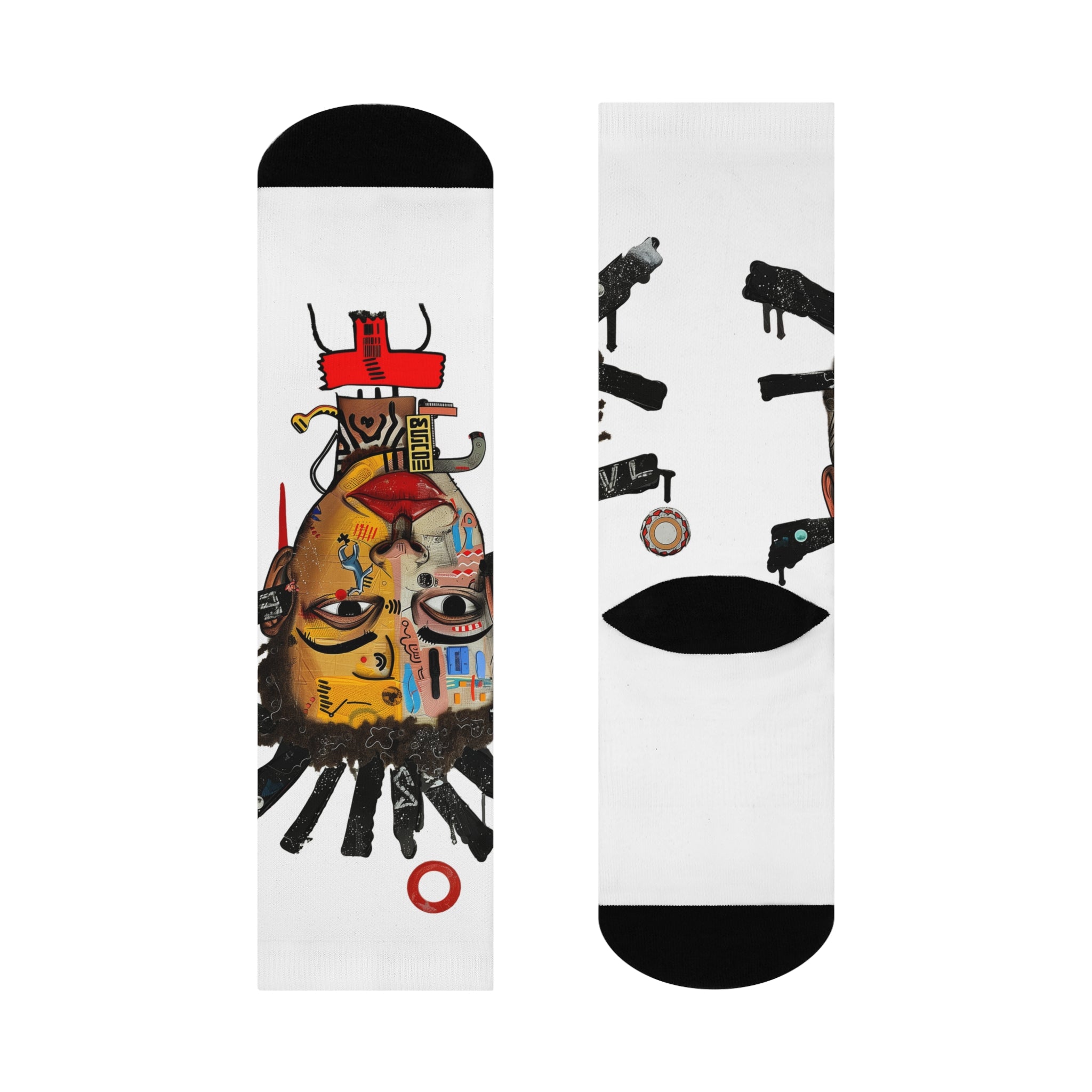 Abstract Afrocentric crew socks featuring a continuous calf wrap print of a Black man with a split human and robot face in an Afrofuturism art style, with black heel and toe panels. Series 02