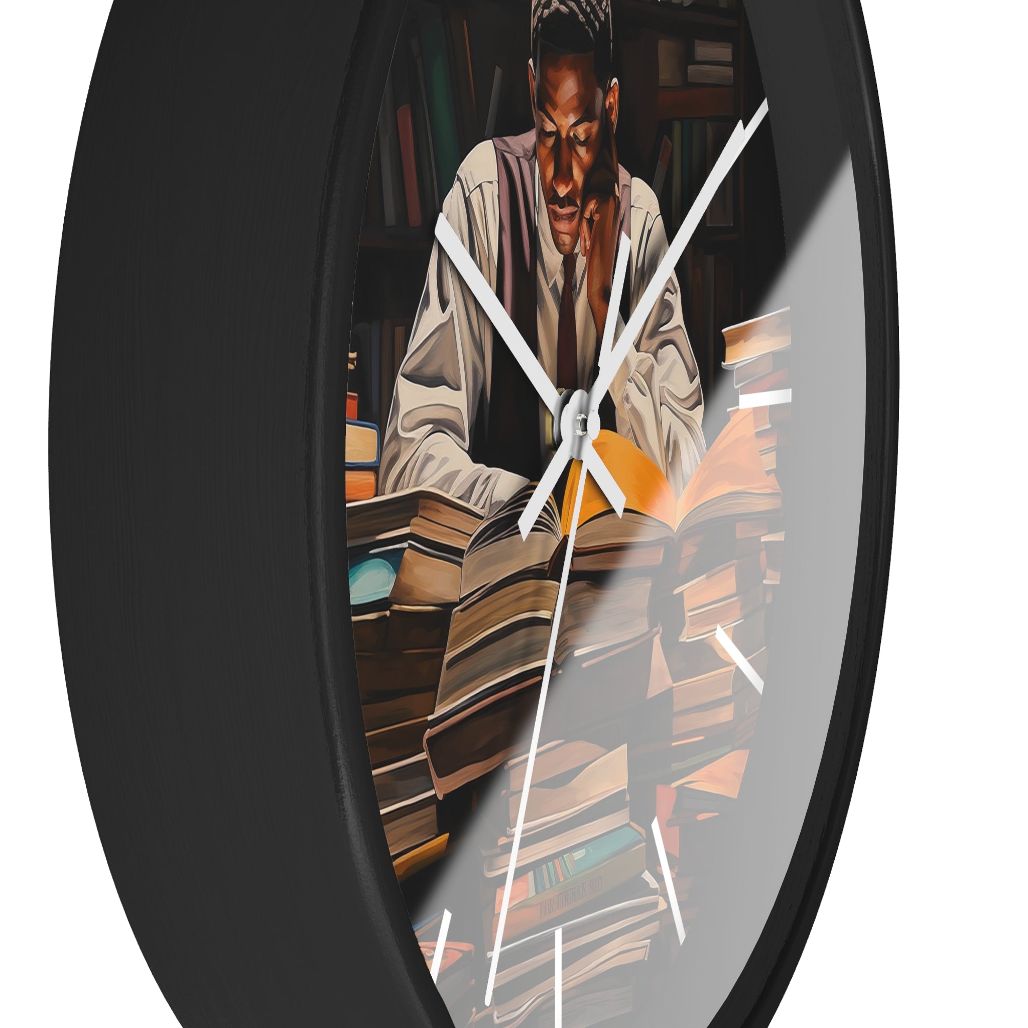 Black Man Law Student Round Wall Clock featuring an African American male scholar studying in a library setting. Afrocentric wall art symbolizing education, focus, and academic excellence.