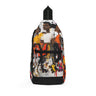 Placed  against a white background, an afrocentric crossbody bag featuring colorful graffiti-style artwork of joyful Black teen roller skaters.