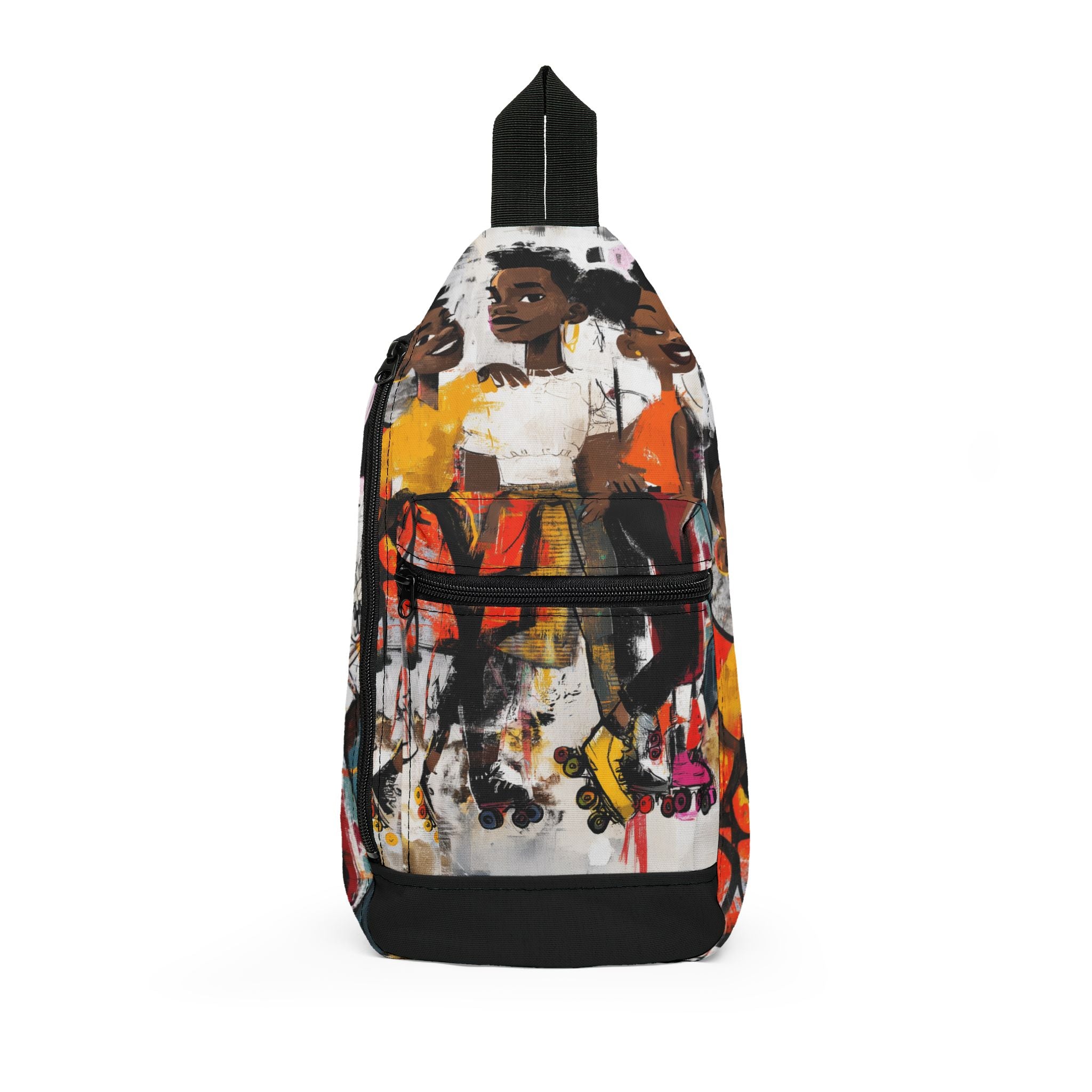 Placed  against a white background, an afrocentric crossbody bag featuring colorful graffiti-style artwork of joyful Black teen roller skaters.